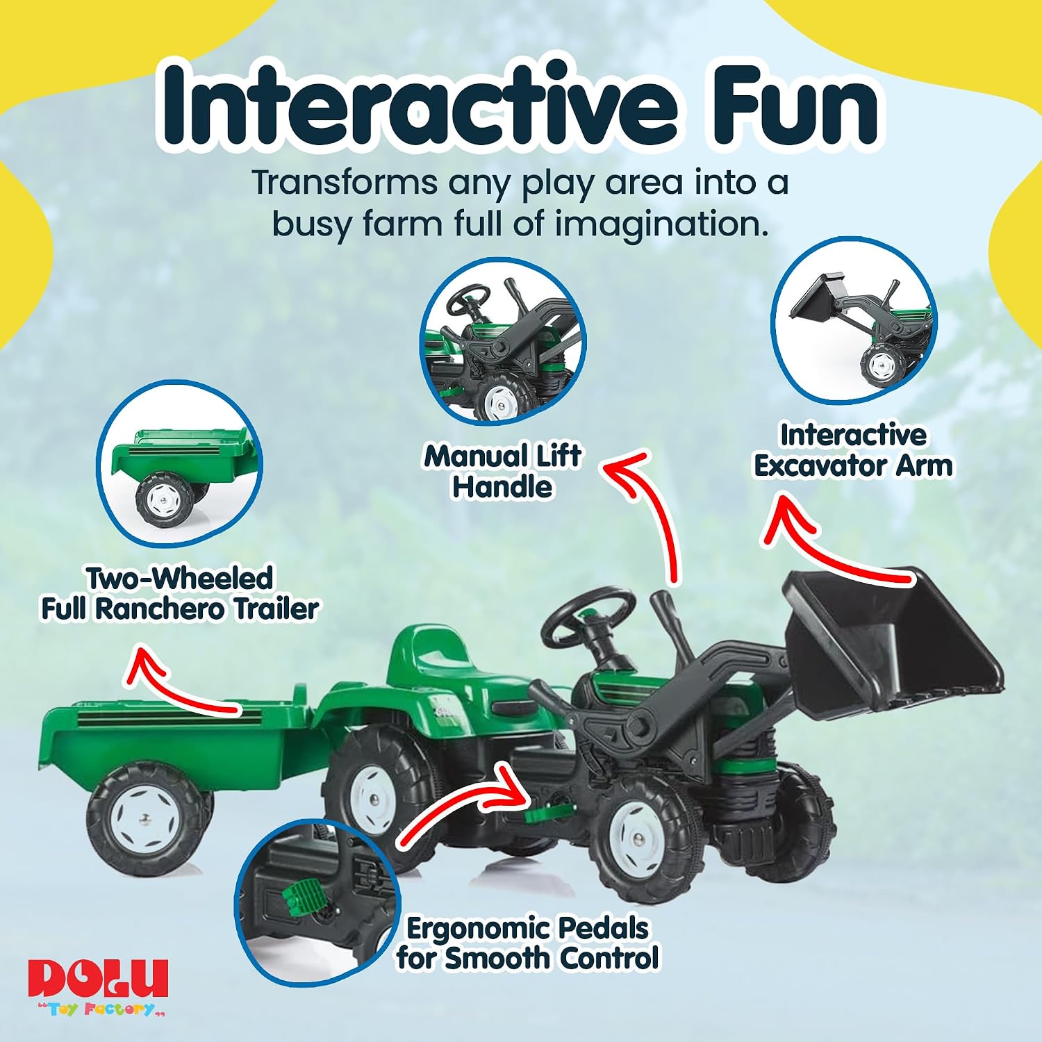 DOLU Pedal Operated Ride On Tractor for Kids with Full Ranchero Trailer, Indoor Outdoor Toy Vehicle with Front Loader & Hauling Trailer for Ages 3–6