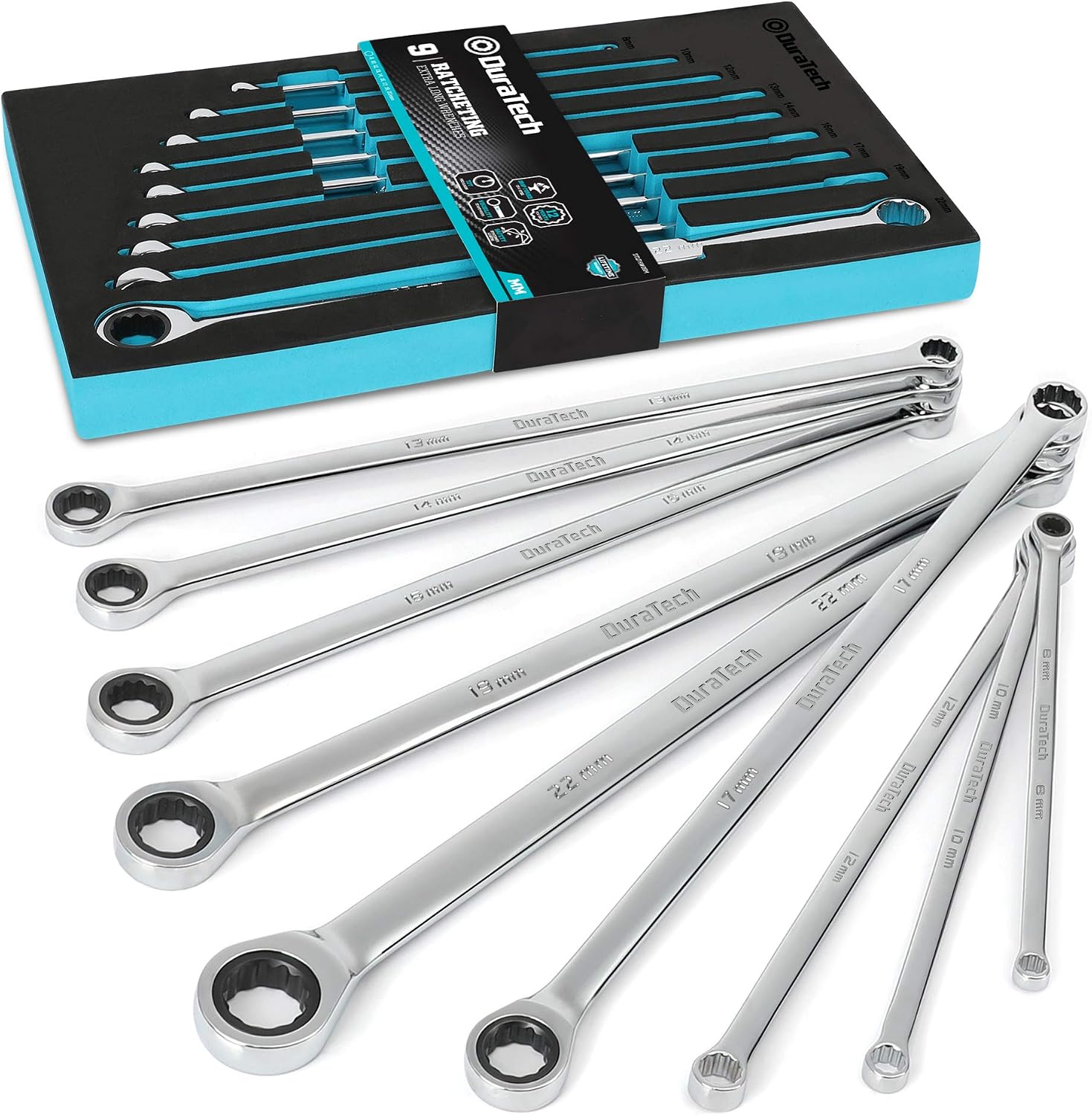 DURATECH Extra Long Ratcheting Wrench Set, Double Box End, Metric, 9-Piece