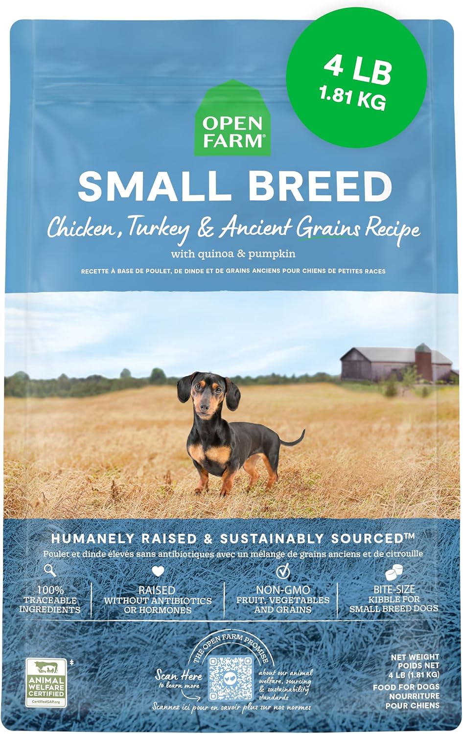 Open Farm Ancient Grains Dry Dog Food, Grass-Fed Beef Kibble, 11lb Bag