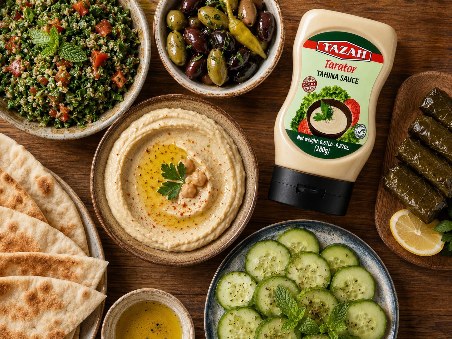 TAZAH Lebanese Tahini Sauce, 9.87 OZ Squeezable Bottle, Tarator Sesame Dressing & Dip for Shawarma, Falafel, Fish, Vegetables