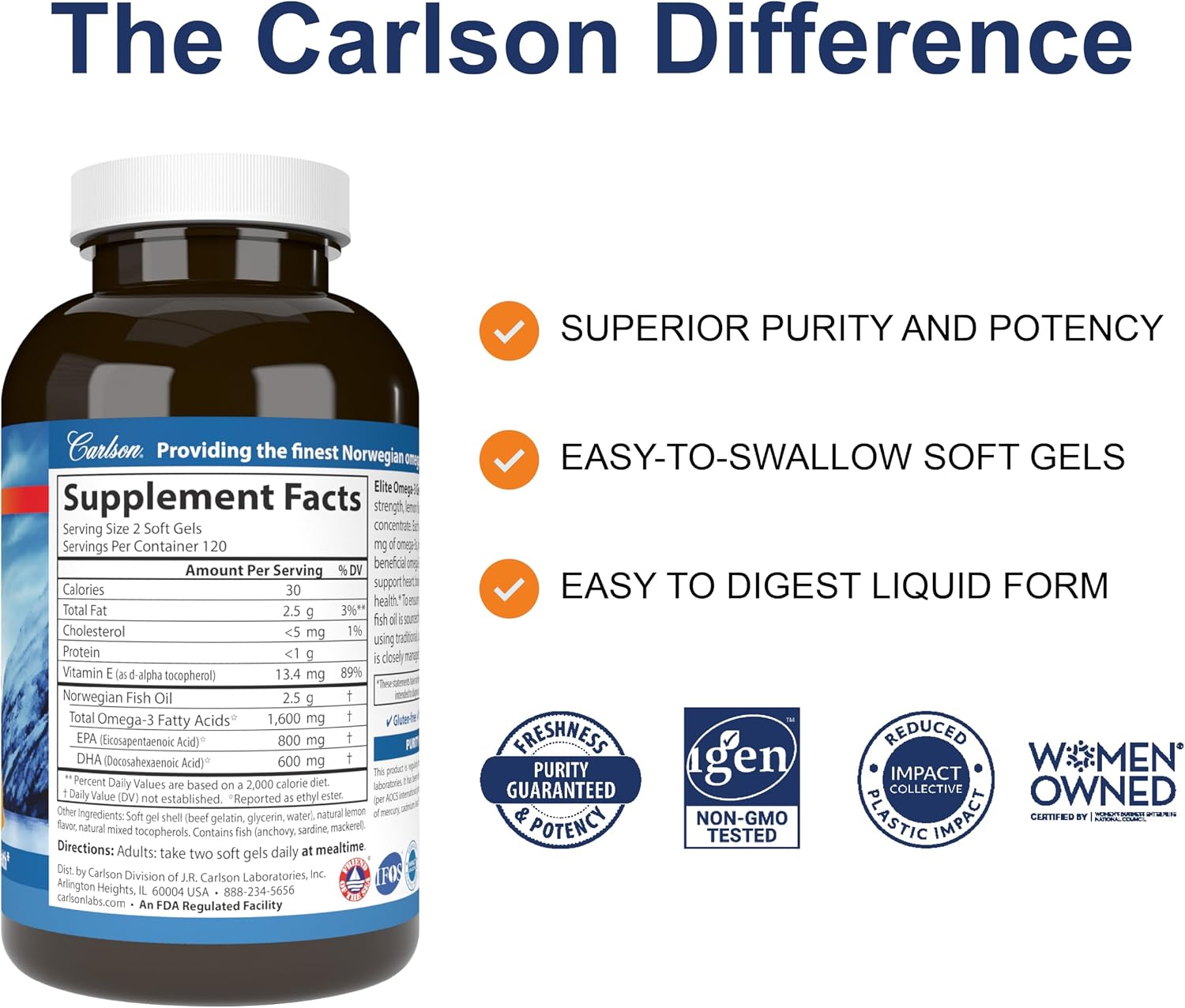 Carlson Elite Omega-3 Gems, 1600 mg, from Norway, Lemon, 90 + 30 Softgels | Omega-3 Fatty Acids Including EPA and DHA; Wild-Caught Fish Oil Supplement; Sustainably Sourced Omega 3 Fish Oil Capsules