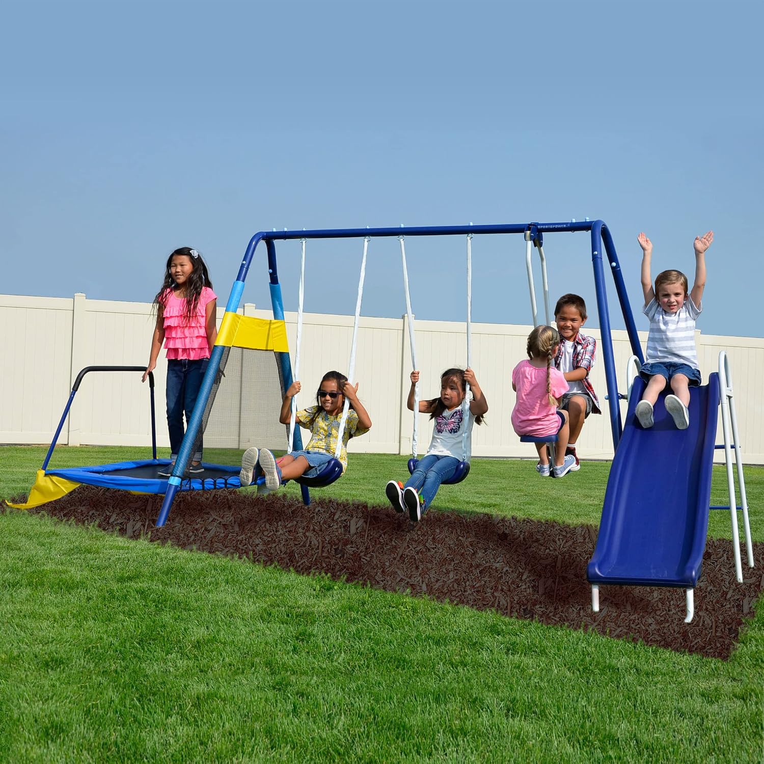 Sportspower Almansor Metal Swing, Slide and Trampoline Set with Slide