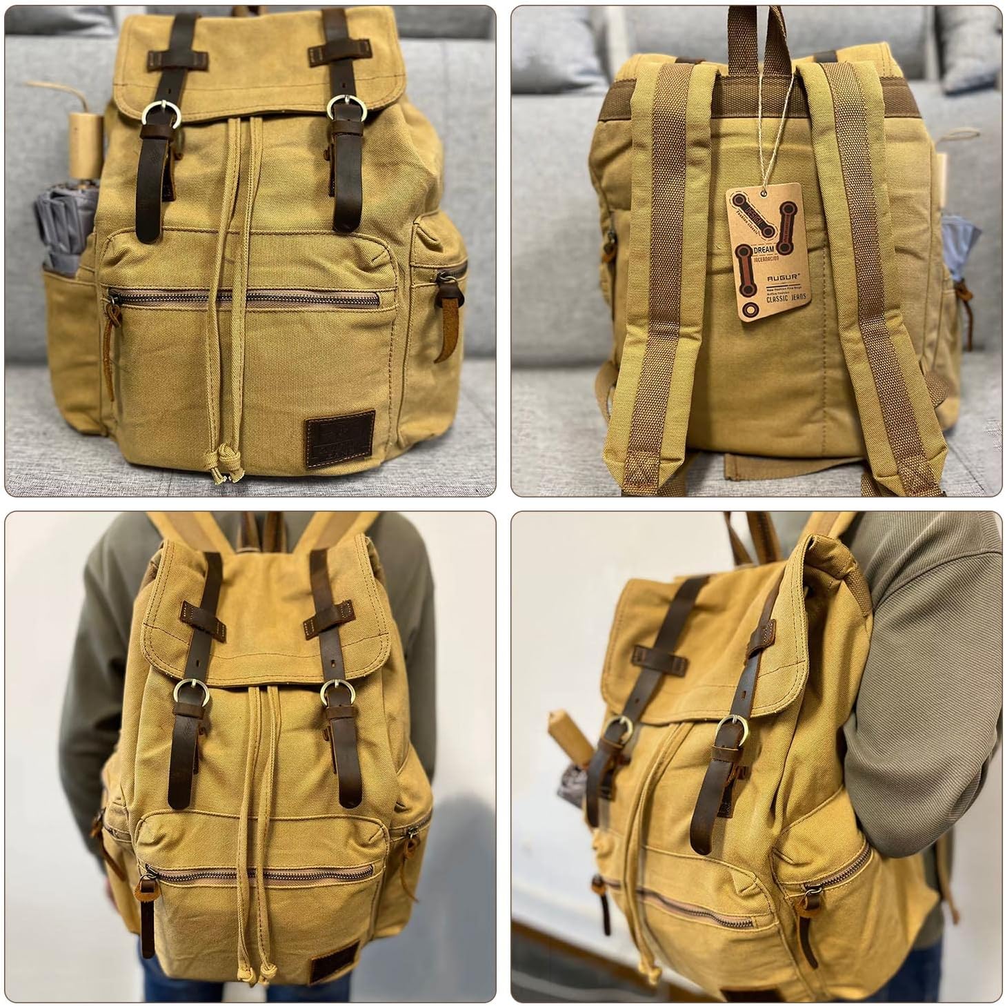 AUGUR High Capacity Canvas Vintage Backpack - for School College Hiking Travel 12-17" Laptop
