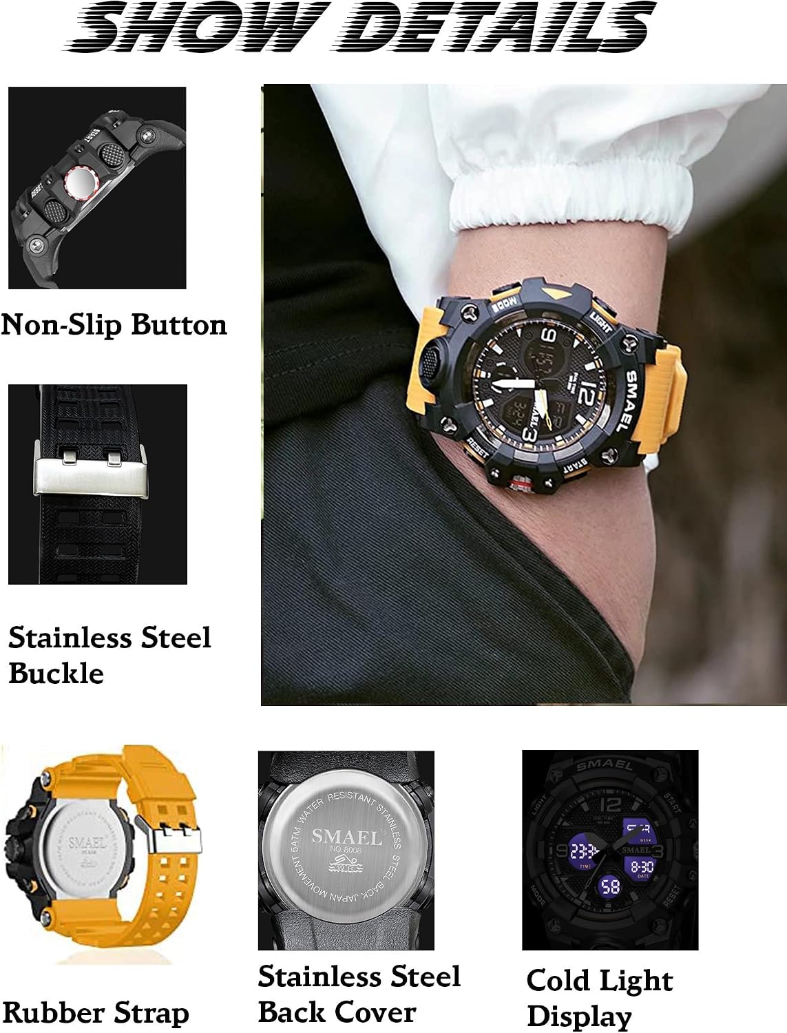 Gosasa Men's Large Face Outdoor Sports Watches Military S-Shock Watch Waterproof, Backlight, Alarm, Stopwatch Features - Rugged Wristwatch for Training, Hiking, and Adventure