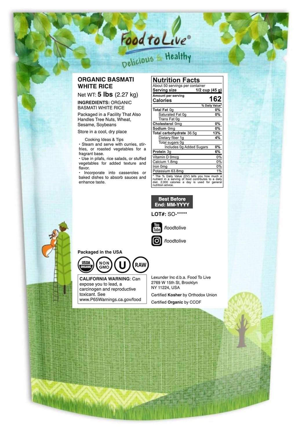 Food to Live Organic White Basmati Rice, 25 Pounds – Non-GMO, Long-Grain Rice Variety, Fragrant, Kosher, Vegan, Bulk. Non-Irradiated. Less Starch.Great for Indian Dishes.