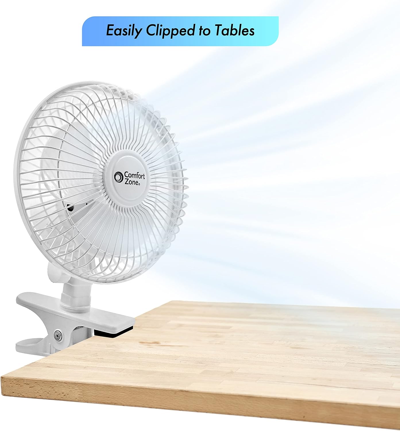 Comfort Zone Portable Clip on Fan with Fully Adjustable Tilt, Electric, 6 inch, Quiet, Indoor, 2 Speed, Mini Desk Fan, Table Fan, Airflow 6.53 ft/sec, Ideal for Home, Bedroom, Dorm & Office, CZ6C