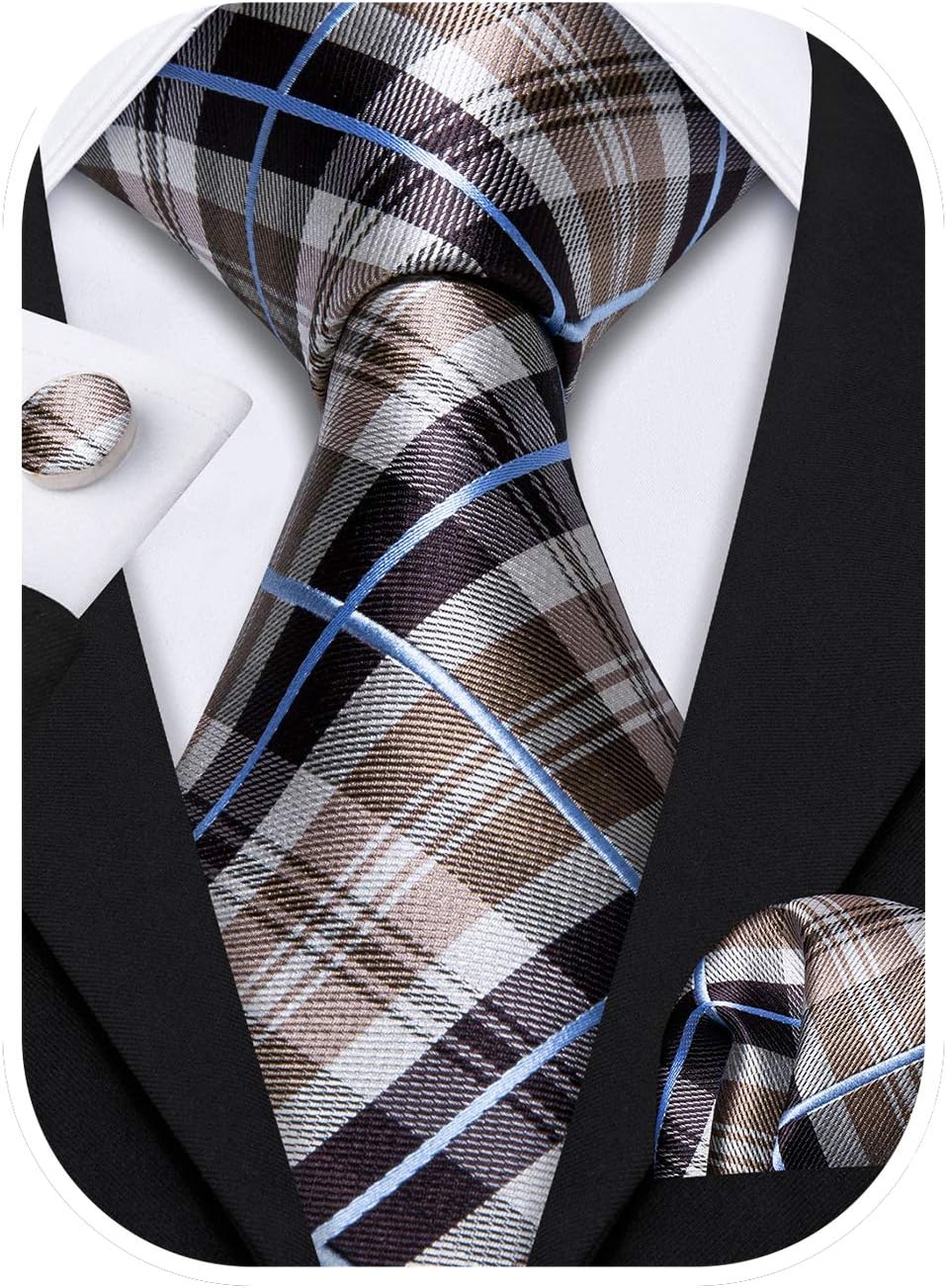 Barry.Wang Plaid Ties for Men Silk Necktie Handkerchief Cuff Links Set