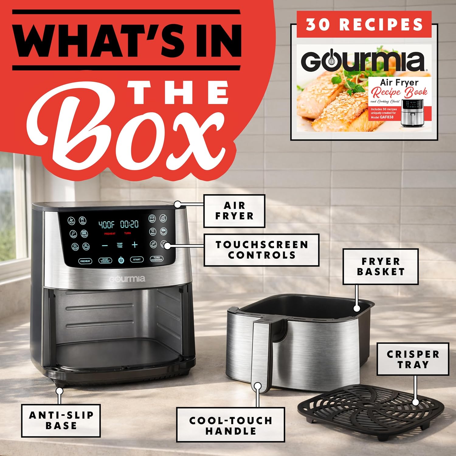 Gourmia Air Fryer Oven Digital Display 8 Quart Large AirFryer Cooker 12 Touch Cooking Presets