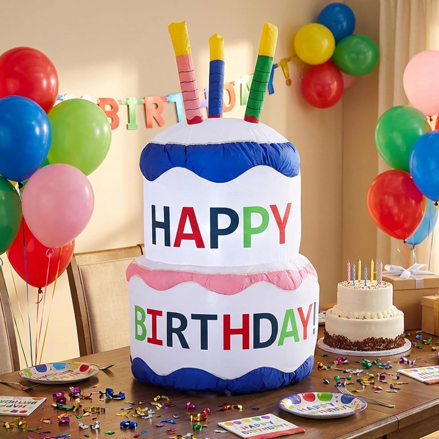 Sunnydaze 4-Foot Happy Birthday Cake Inflatable Decoration - Fan Blower and LED Lights