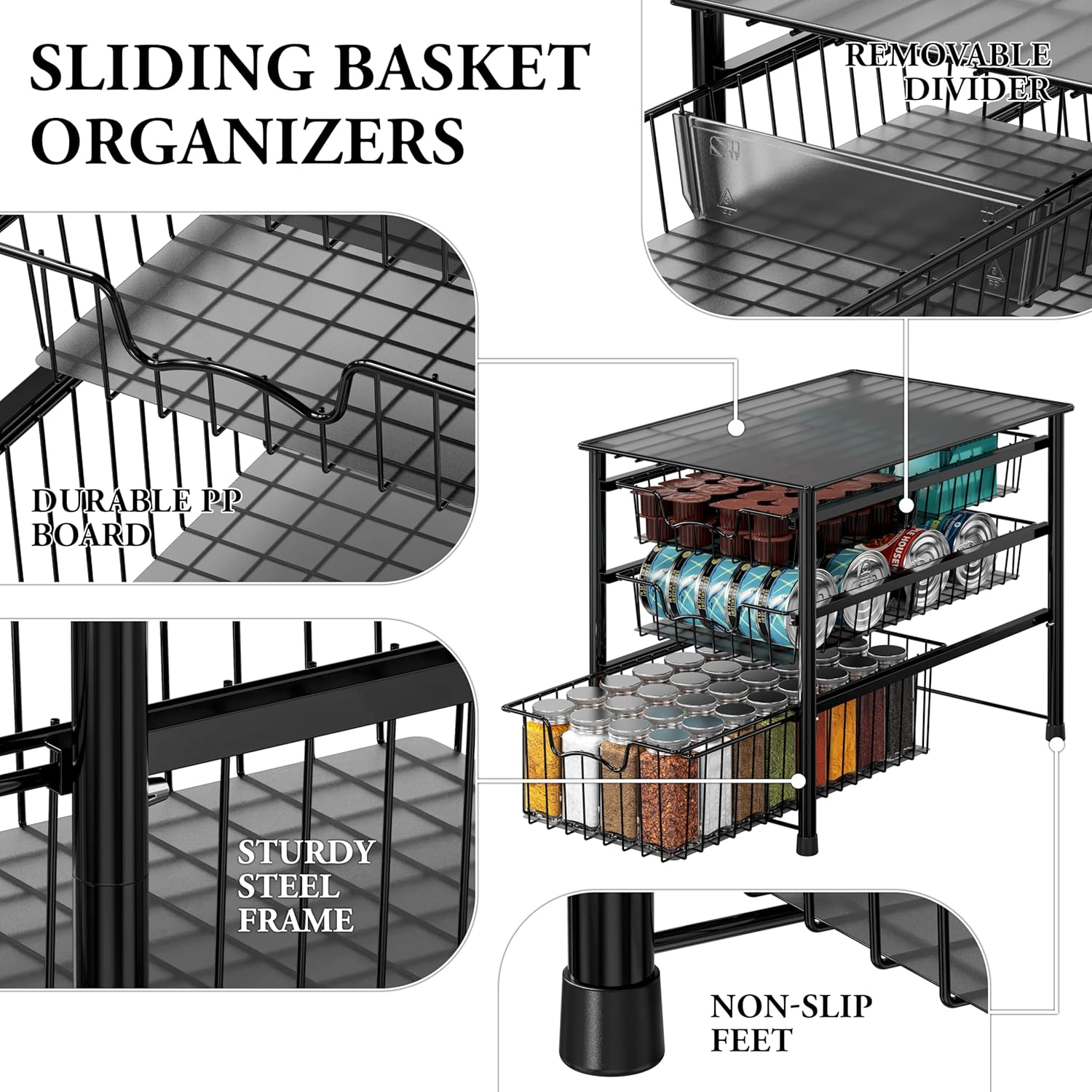 Simple Houseware Stackable 3 Tier Sliding Basket Organizer Drawer, Chrome