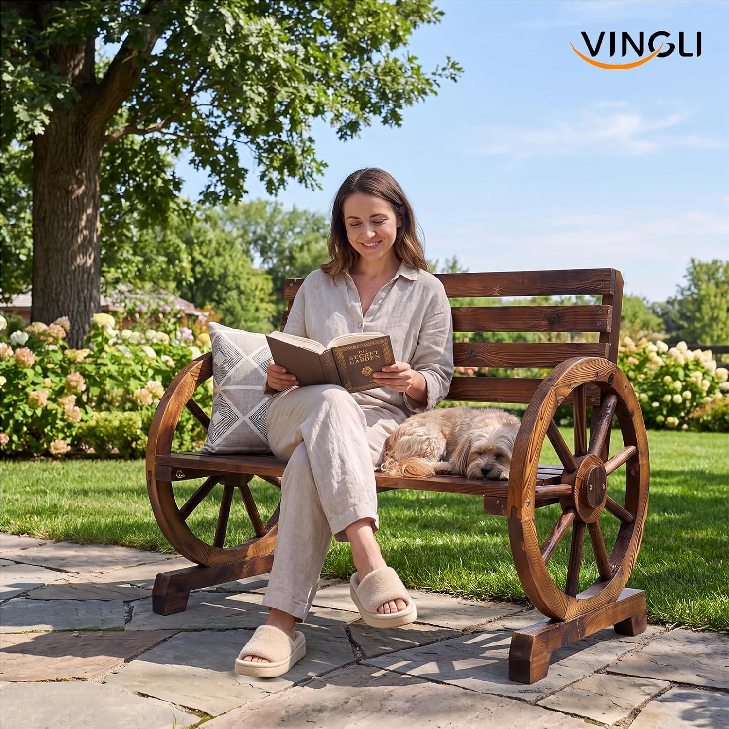 VINGLI Rustic Wooden Wheel Bench Outdoor Bench, Patio Bench Wagon Slatted Seat, Garden Benches for Outdoors 350lbs High Capacity