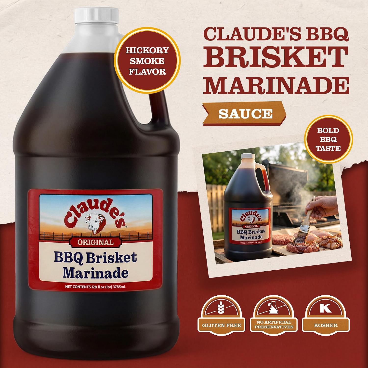 Claude's BBQ Brisket Marinade Sauce, Gluten Free Texas Style, 128 oz | Restaurant-size gallon of smoky Texas tenderizing brisket marinade - all natural & gluten free.
