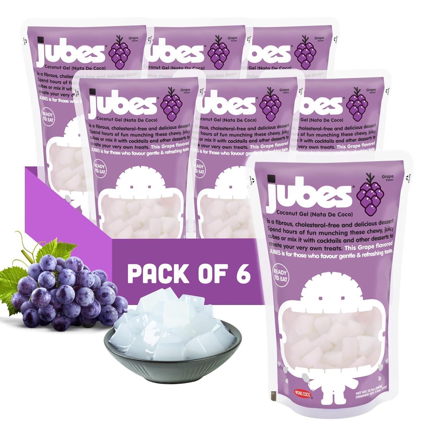 Jubes Pandan Nata De Coco Jelly Cubes (12.7 oz, Pack of 3) - Pandan Coconut Jelly Cubes for Sago - Coconut Gel in Syrup Toppings for Fruit Tea, Boba, Bubble Tea, Drinks, Desserts Yogurt, Ice Cream, Beverage