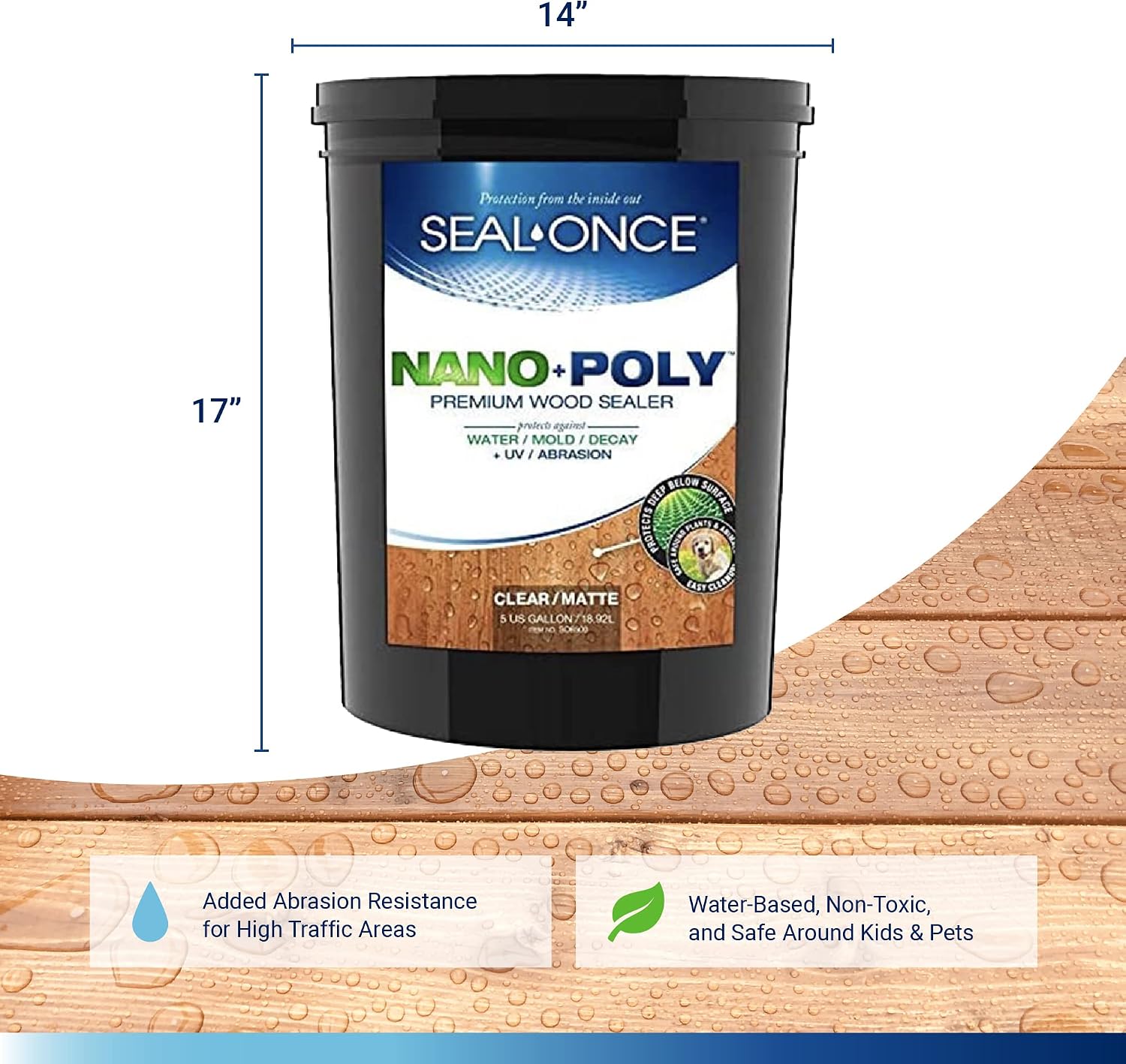 Seal-Once Nano+Poly Wood Sealer and Waterproofer, Clear, 1 Gallon | With Polyurethane, Water-based, Low-VOC, Waterproofer & Stain, For Decks, Fences & Log Homes