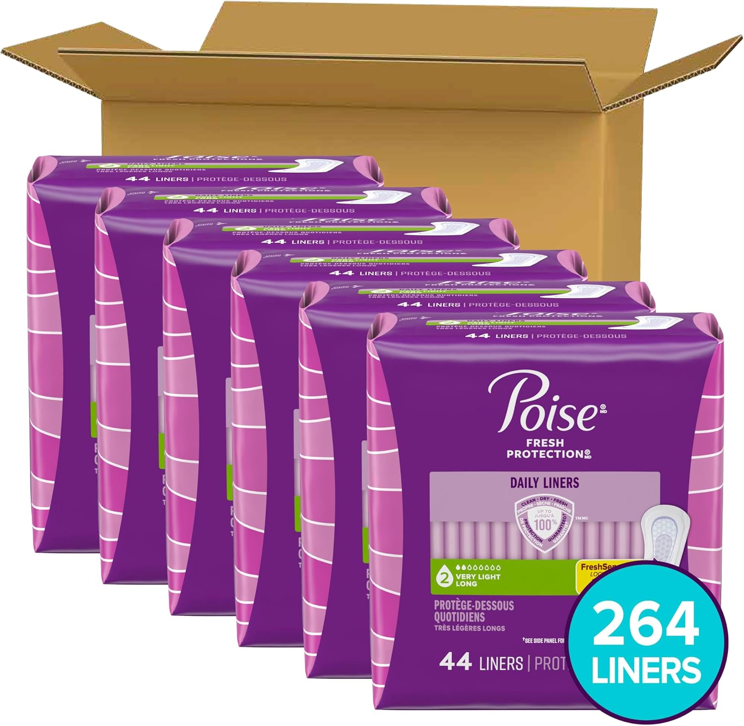 Poise Daily Liners, Incontinence Panty Liners for Bladder Leaks, 2 Drop Very Light Absorbency, Long Length, 264 Count of Pantiliners (6 Packs of 44), Packaging May Vary