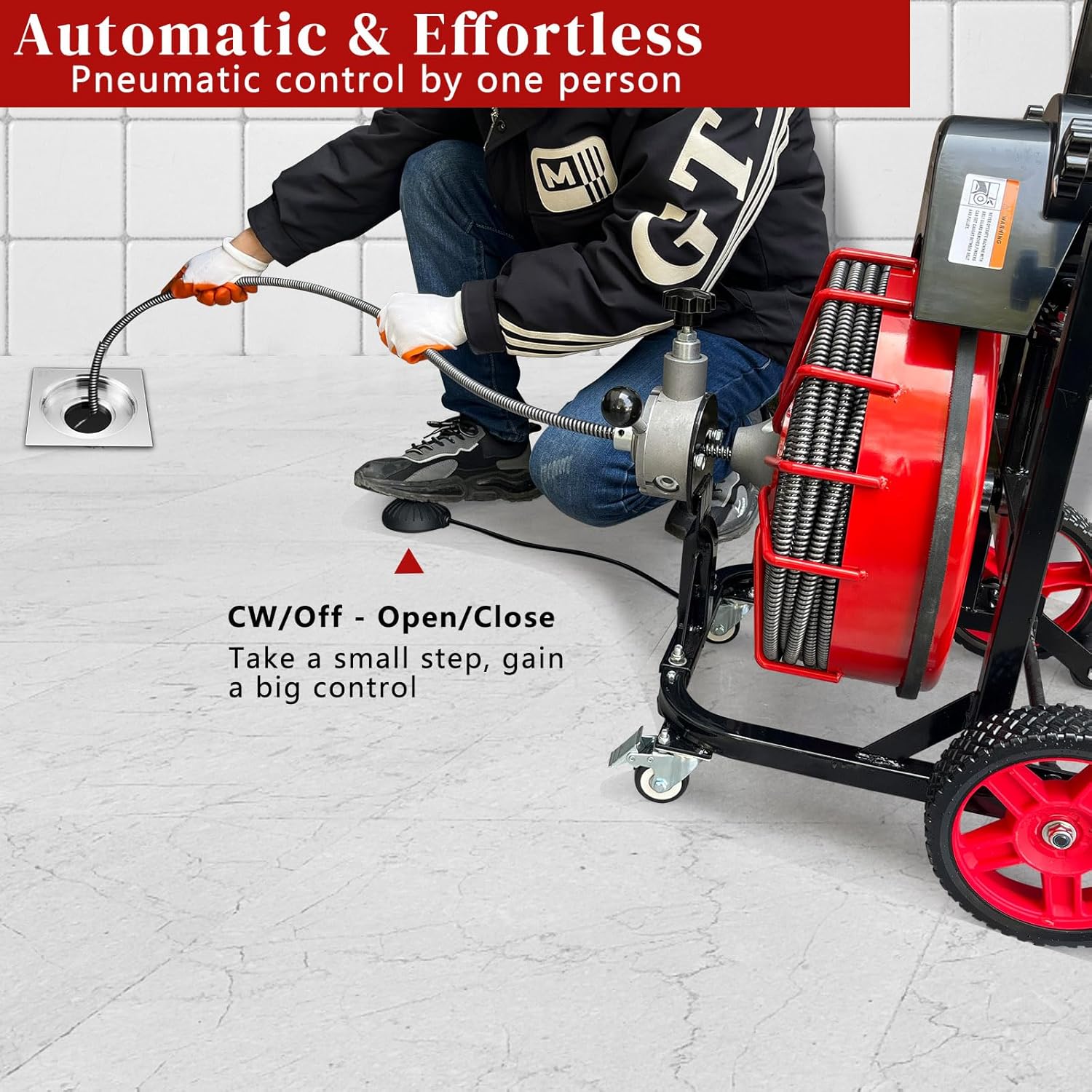 Drain Cleaner Machine, 100 ft x 1/2 in Sewer Auger for 1-4 in Pipes | 550W Motor with Auto-Feed Control, Air Foot Switch, GFCI Protection, 4 Cutters
