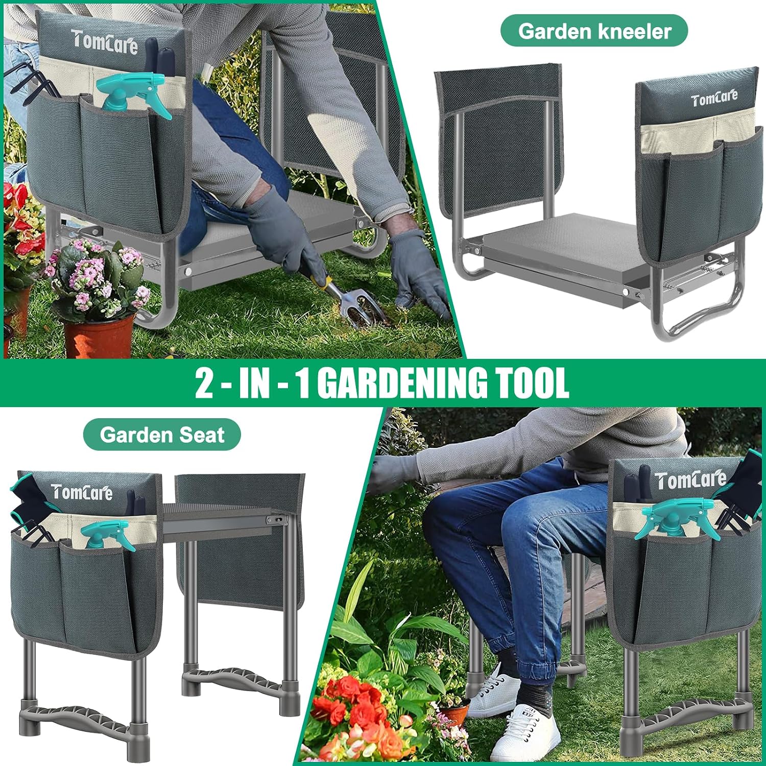 TomCare Garden Kneeler and Seat, 11.12" Kneeling Pad Sturdy Garden Bench | Heavy Duty Garden Stool, 450 lbs Load Capacity, 2 Tool Pouches, Foldable Design, Gardening Gift for Women, Men and Gardeners