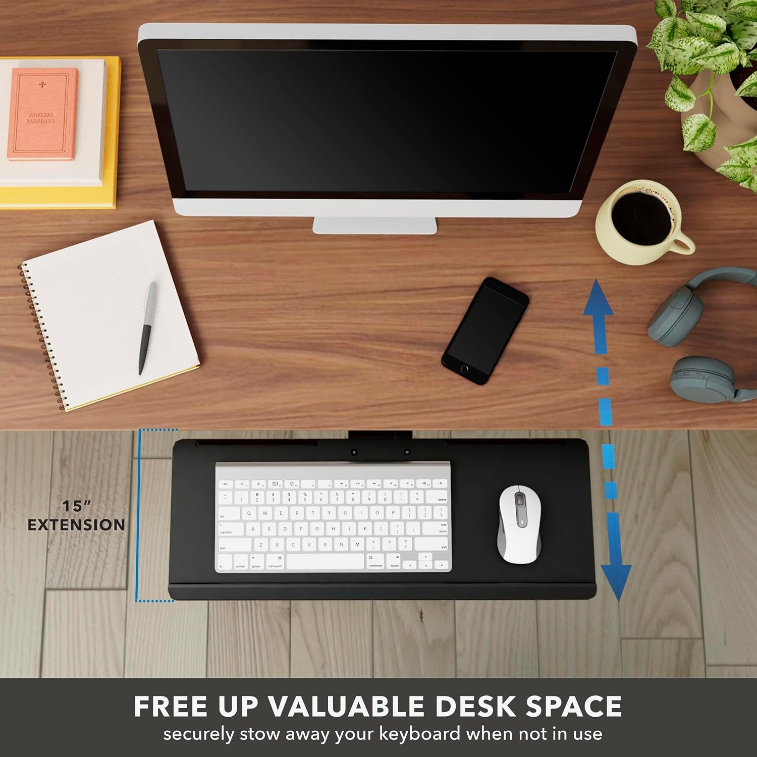 Mount-It! Under Desk Keyboard Tray, Adjustable Slide-Out Keyboard & Mouse Platform, 26.38" W × 10" D, Ergonomic Wrist Rest, Height Tilt & Swivel