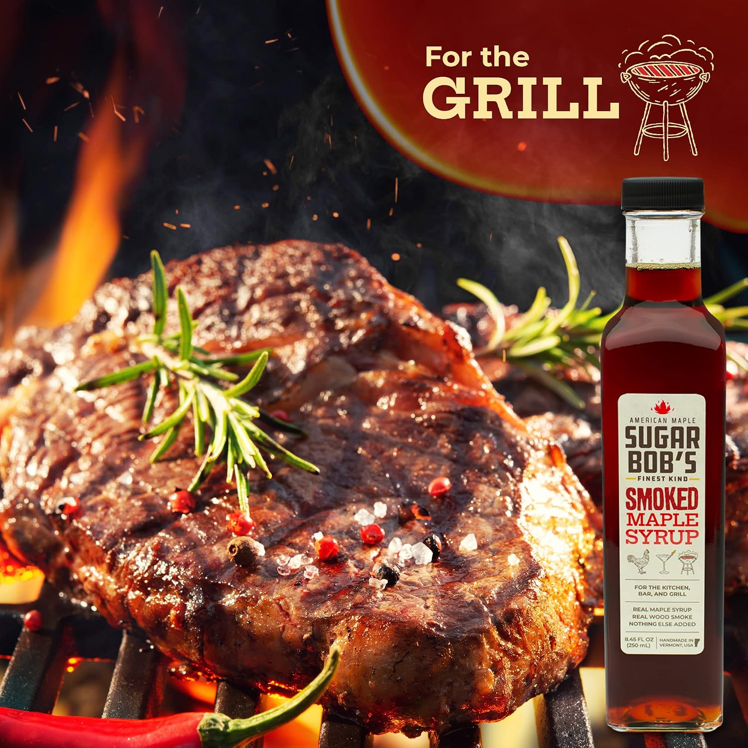 Sugar Bob’s Finest Kind - Smoked Maple Syrup, 8.45 fl oz (1 pk) | Real Maple Syrup Infused with Wood Smoke, Adds Flavor to Dishes, For the Bar