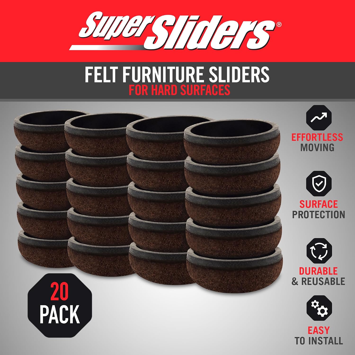 Super Sliders 1" Round Formed Secure Reusable Felt Furniture Sliders for Hard Surfaces, Noise-Reducing Adhesive Furniture Moving Pads, Fits 1" Legs