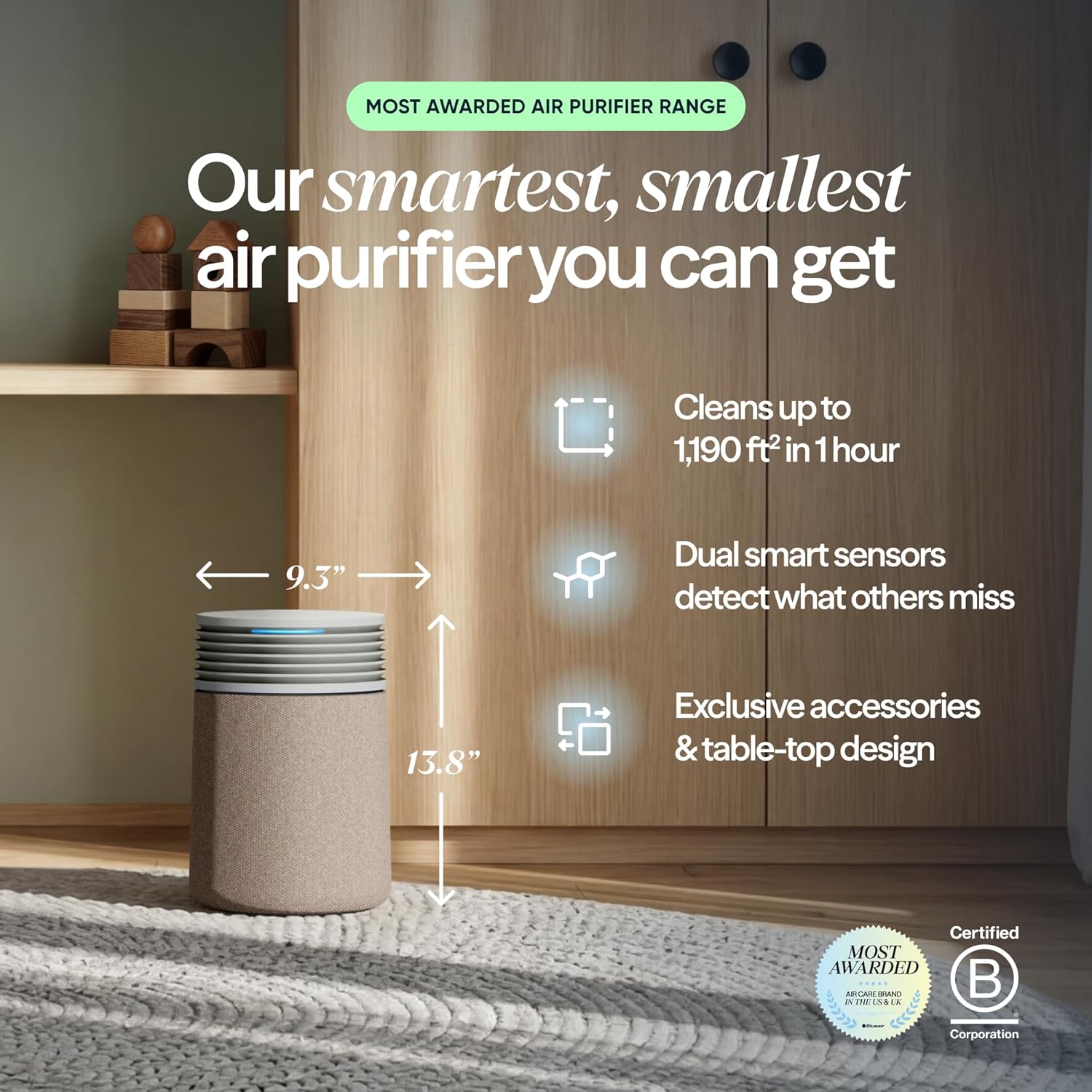BLUEAIR Blue Pure 511i Max Smart Air Purifier for Bedroom & Small Rooms up to 1, 138 Sq Ft, HEPASilent Air Cleaner for Pets, Allergies, Smoke & Dust