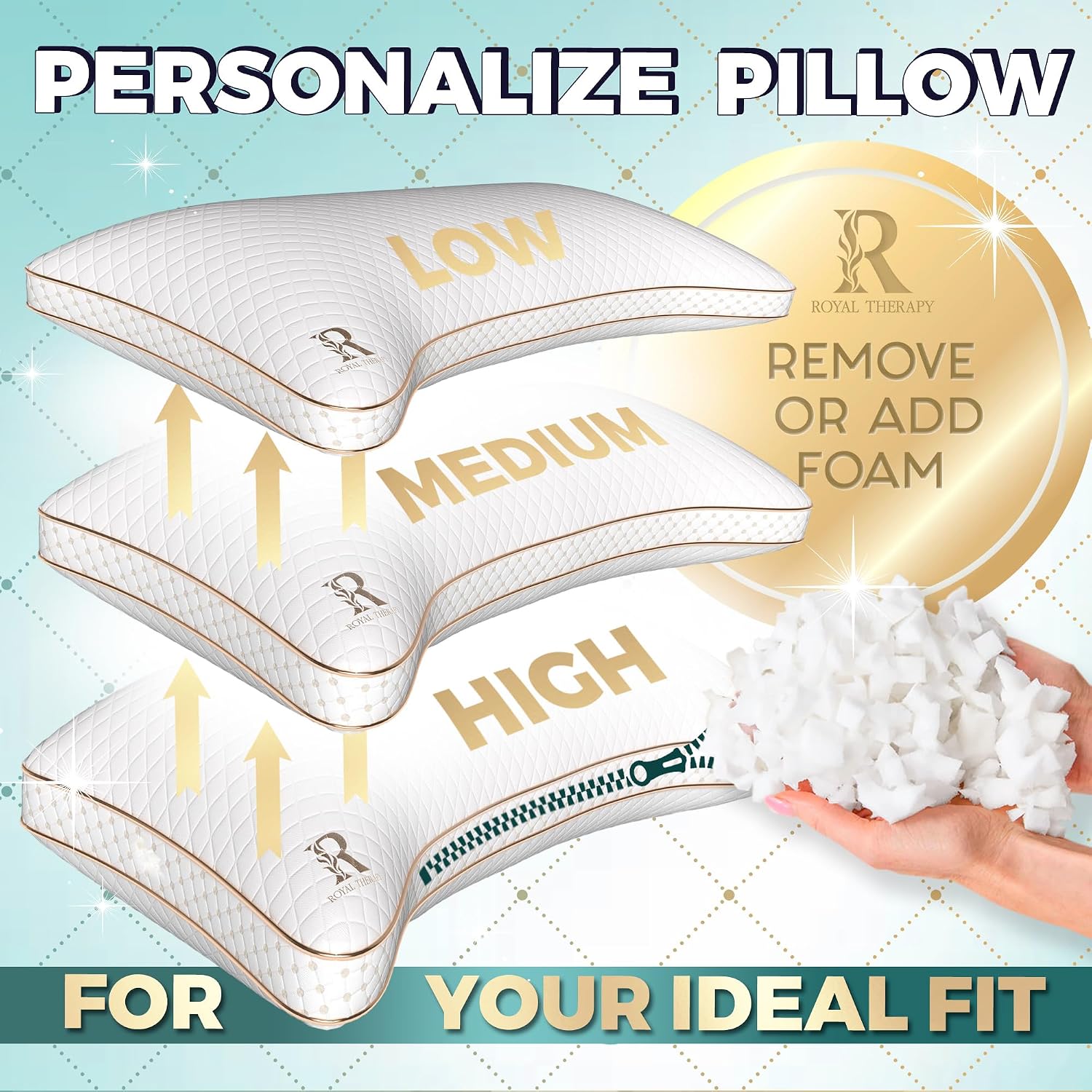 Royal Therapy Queen Size Set of 2-Shredded Memory Foam Pillow–Adjustable Memory Foam Pillow for Sleeping, Firm Pillow for Neck & Shoulder Support
