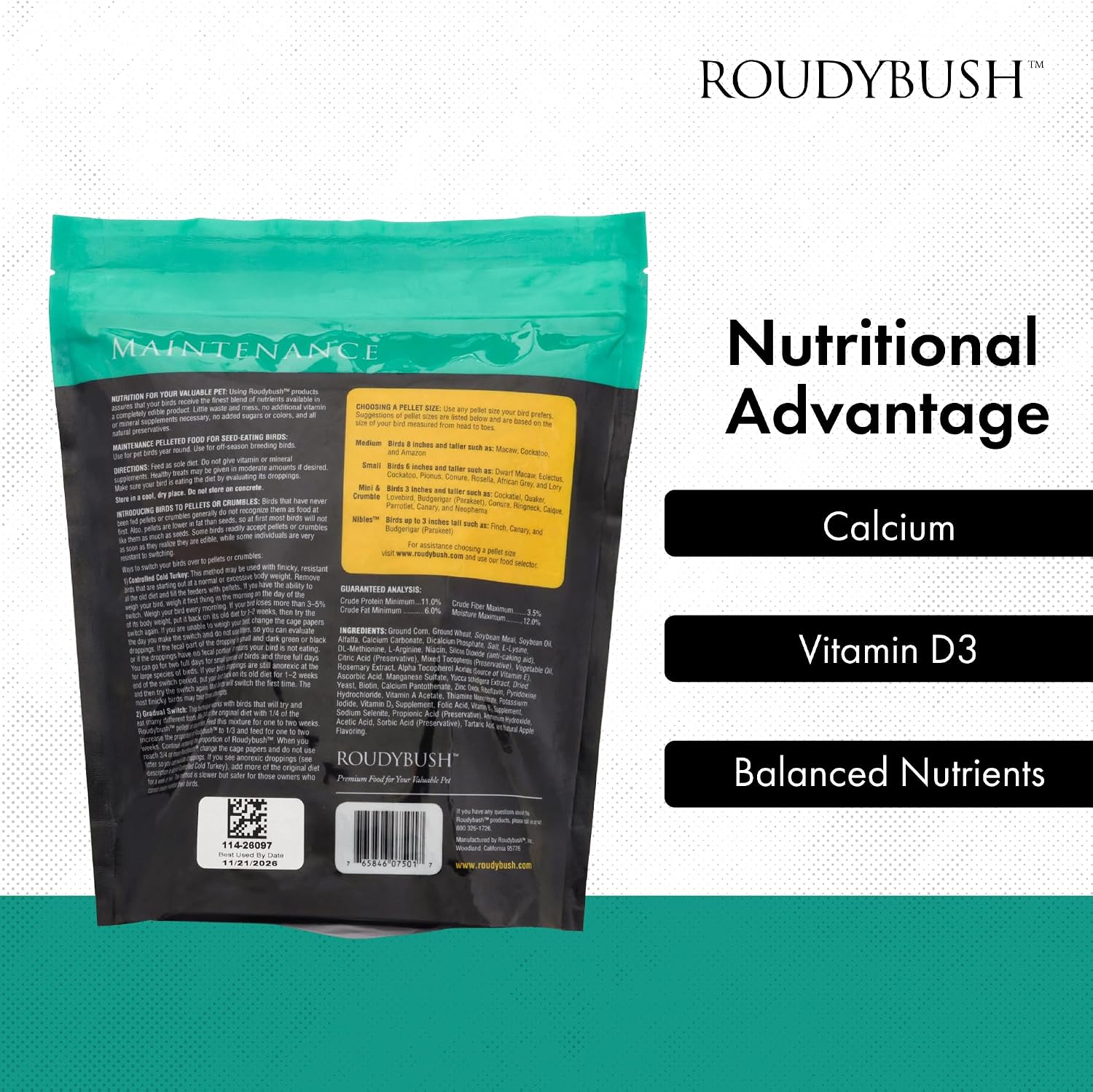 RoudyBush Daily Maintenance Food for Birds - Scientifically Formulated Bird Feed - Bird Food Pellets w/Corn, Wheat, Soy & More - Nutritious & Healthy Feed for Birds (Mini, 44oz)