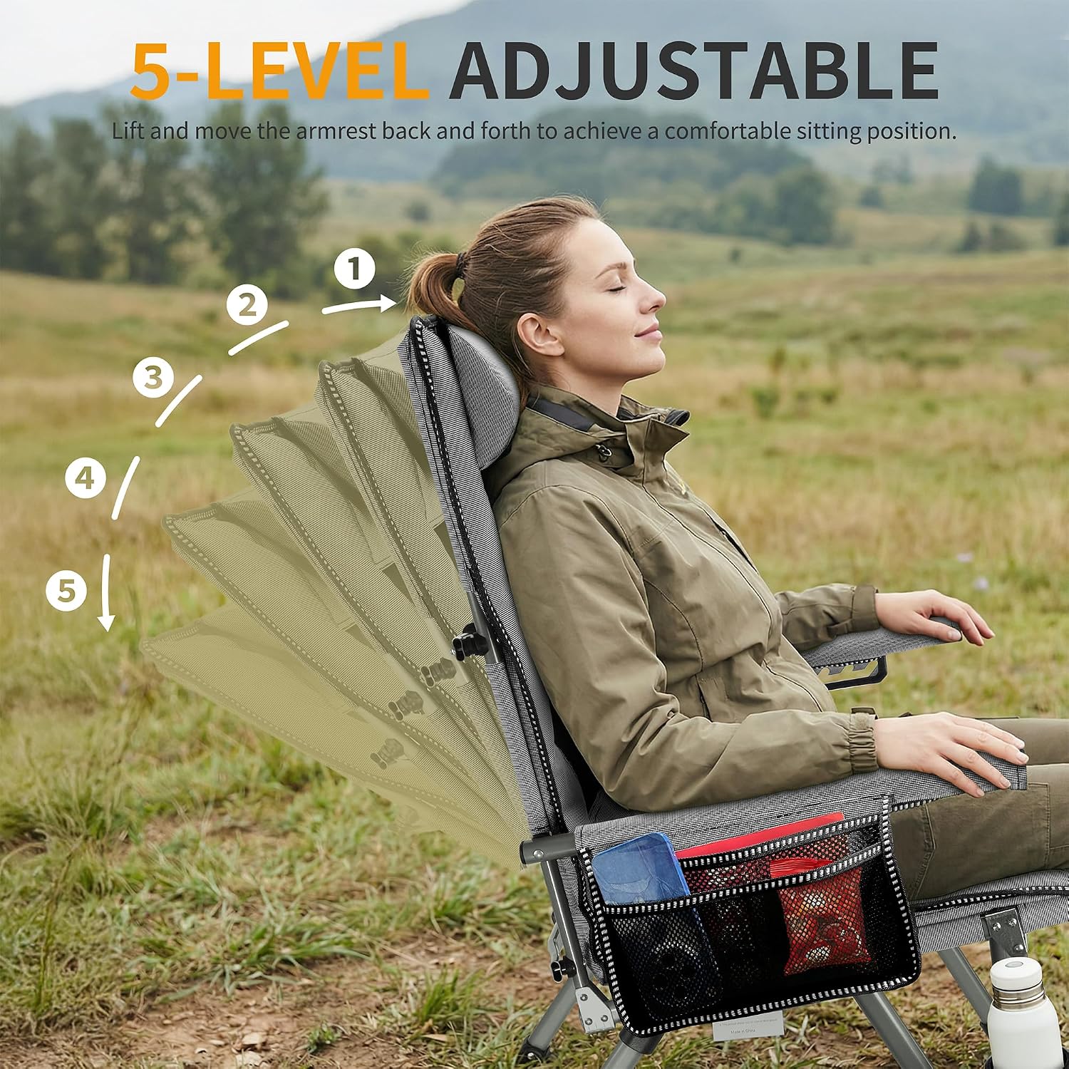 Adjustable Back Folding Camping Chair for Camp, Picnic, Lawn, Fishing | Adjustable Back; Weight Capacity 400 LBS;Hard Arm Portable Chair;Cup Holder;Storage Bag;carrying bag