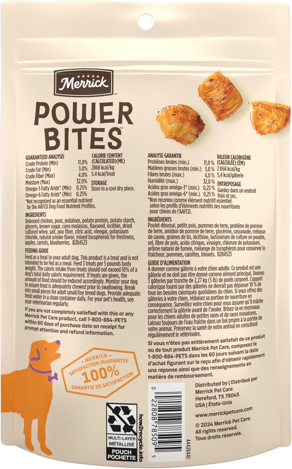 Merrick Power Bites Chicken Recipe Soft Dog Treats, Grain-Free Dog Snack with Real Chicken, 6 oz Bag