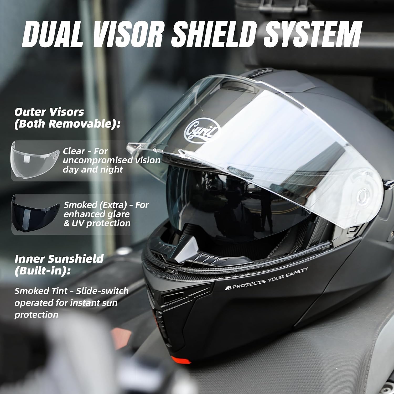 CYRIL Modular Motorcycle Helmet DOT Approved, Flip Up Full Face for Adults | Intercom ready, glasses friendly design with dual visors, extra smoke shield and carrying bag for street riding