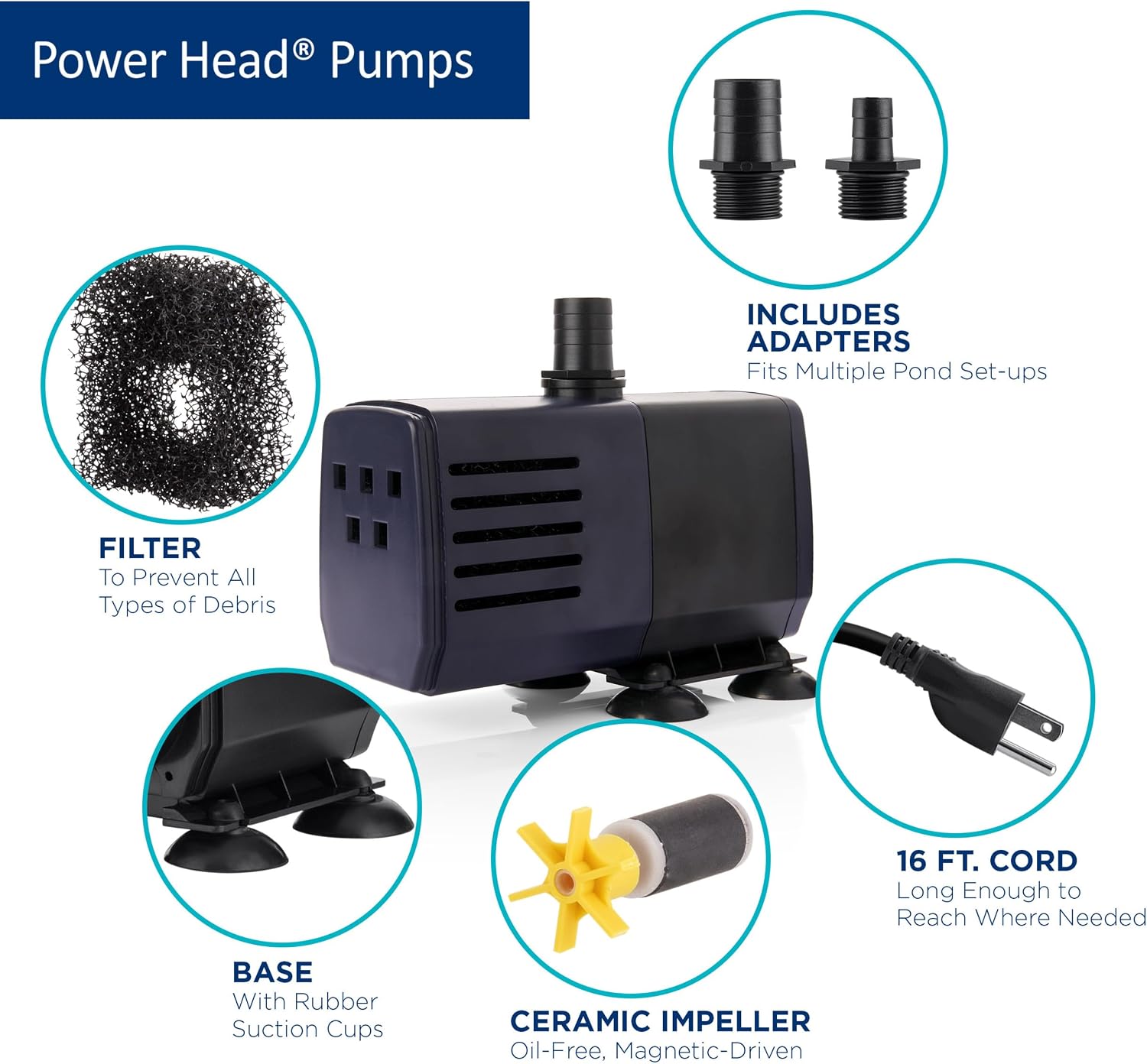 Alpine Corporation Outdoor Decor Power Head Pump for Small to Medium Fountains, Statuary, and Birdbaths with Moving Water