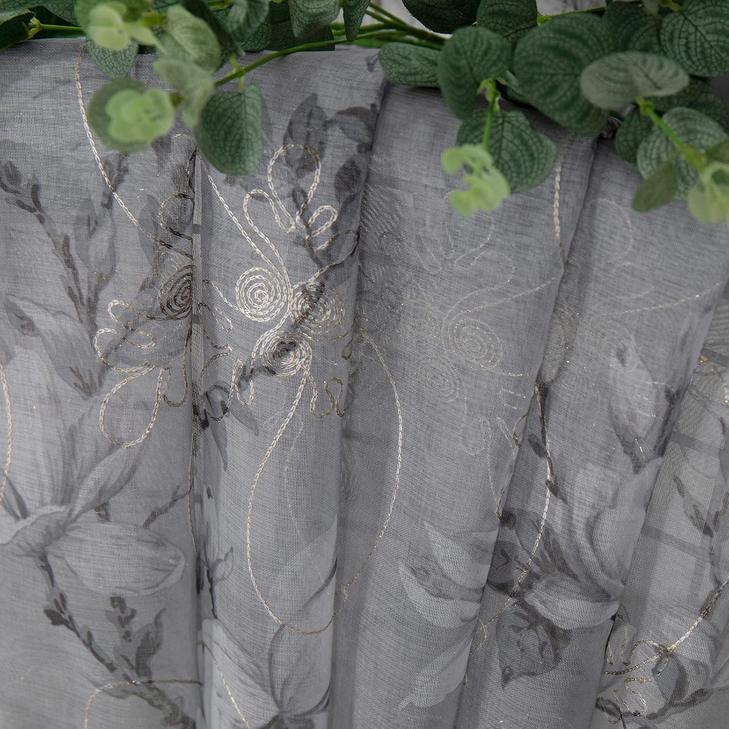 Tollpiz Floral Grey Sheer Curtain Flower Print Vine Embroidery Bedroom Curtains Rod Pocket Voile Window Curtain for Living Room, 54 x 84 inches Long