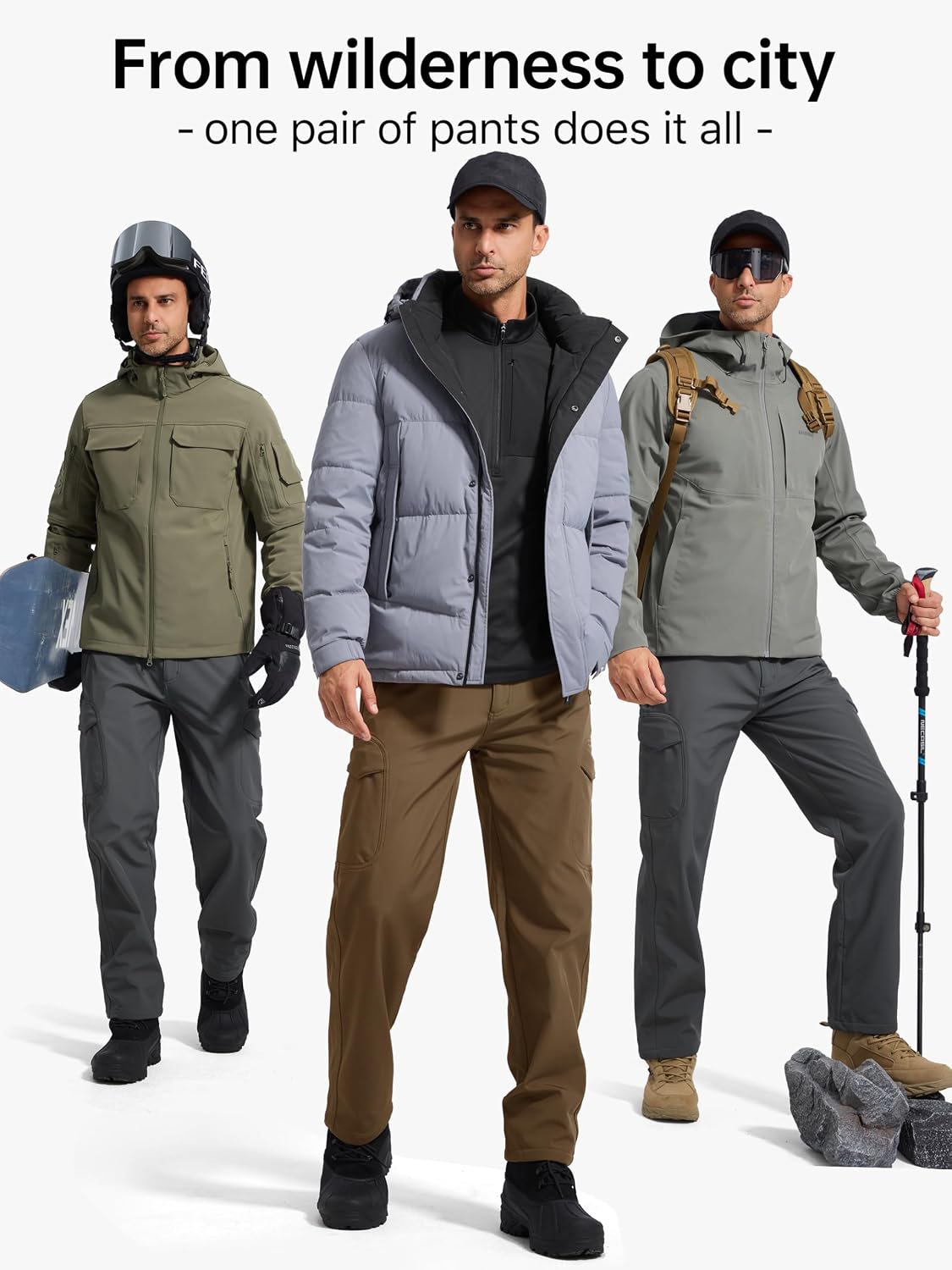 FREE SOLDIER Men's Outdoor Softshell Fleece Lined Cargo Pants | Snow Ski Hiking Pants with Belt, Waterproof Winter Pants, Insulated Work Pants, Breathable Windproof Insulated Pants