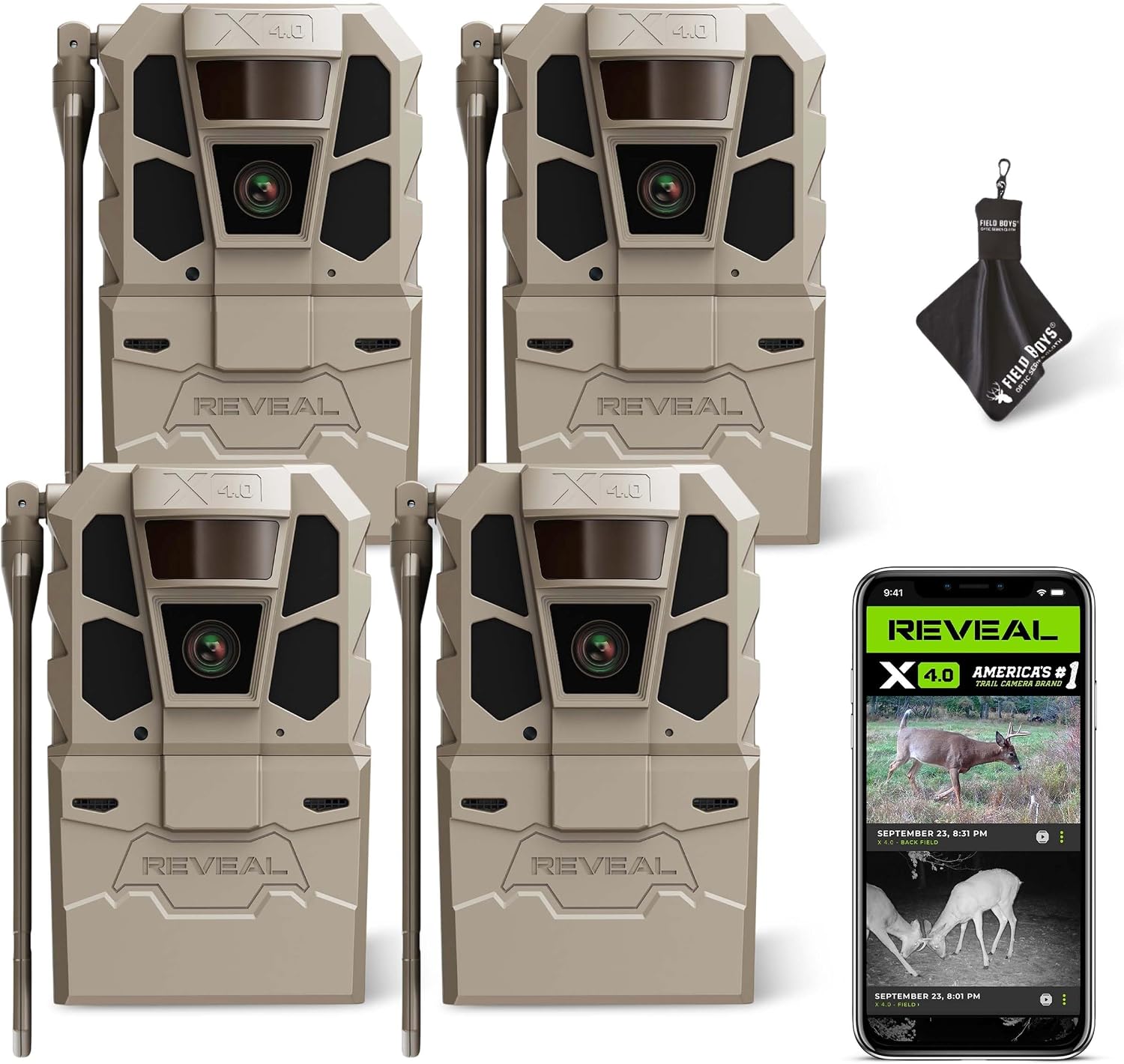 TACTACAM Reveal X 4.0 Cellular Trail Camera (4-Pack) + Microfiber Cloth | Night Vision, Waterproof, 4K Photo & 1080p Video, Industry-Best Battery Life