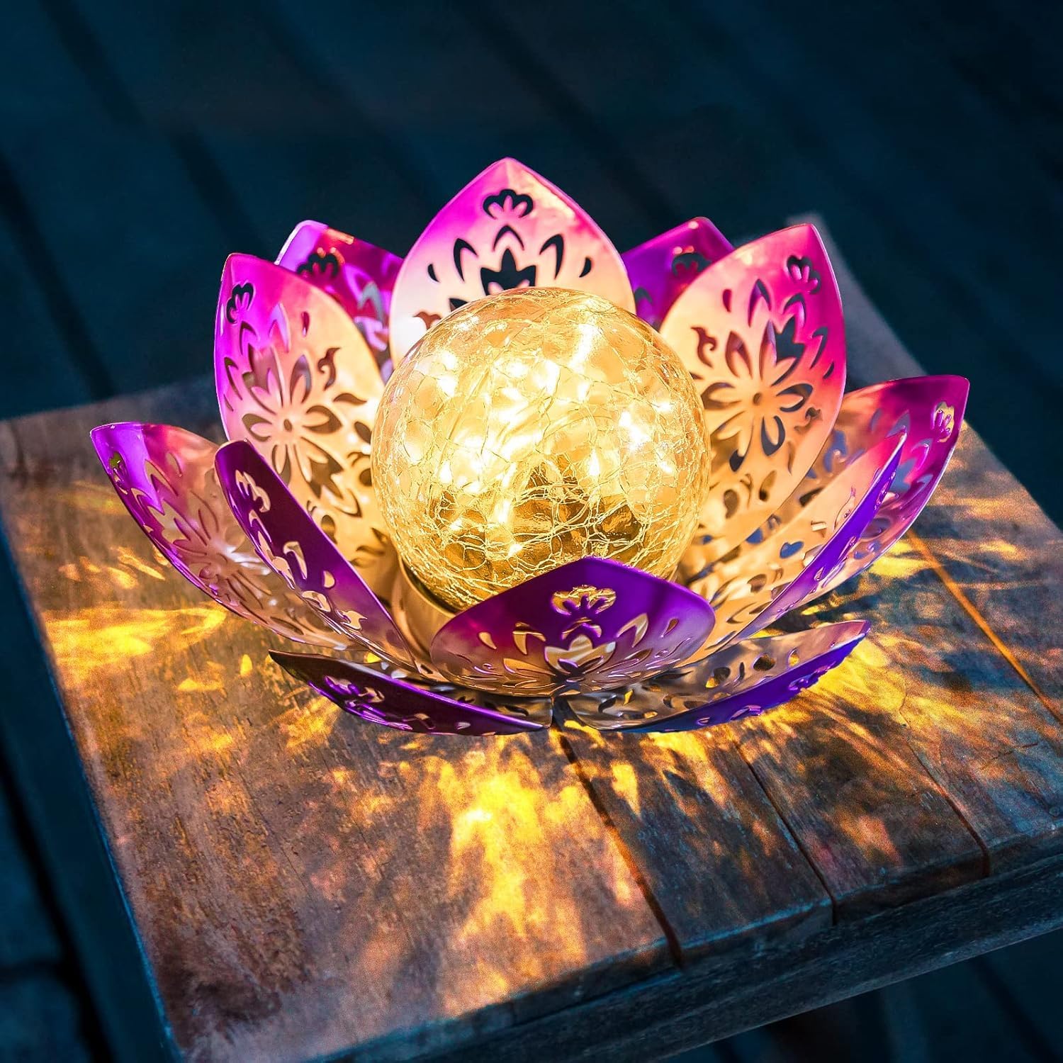 Huaxu Solar Lights Outdoor Garden, Crackle Globe Glass Lotus Decor, Waterproof LED Metal Flower Decorations for Patio,Lawn,Walkway,Tabletop,Ground