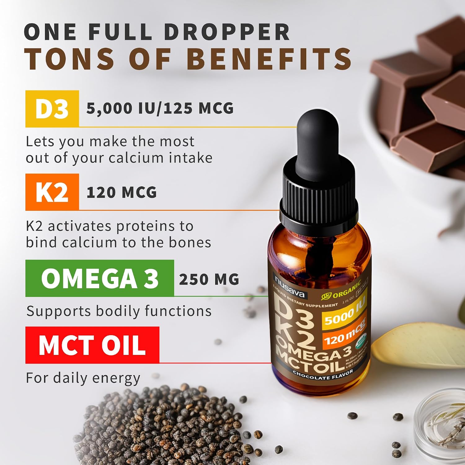 Nusava Organic Vitamin D3 K2 Drops with MCT Oil, Unflavored, Pack of 2