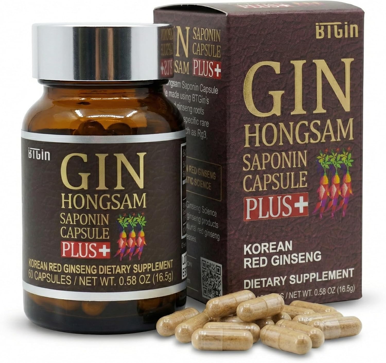 Gin Hongsam Saponin Capsule Plus Korean Red Panax Ginseng Extract - High Rg3 & Compound K Supplement - Caffeine Free Extra Strength Energy