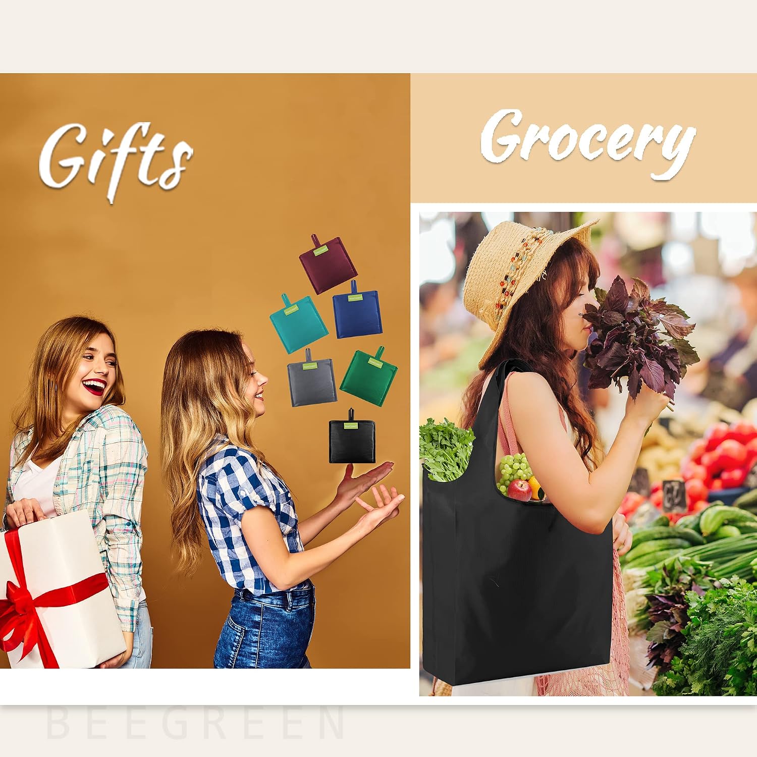 BeeGreen Grocery Bags | Reusable Gift Bags, Large Tote for Women & Foldable Beach Bag - 6 Pack Reusable Bag With Handles | Collapsible Cute Cloth Storage for Market, Holiday & Shopping | Washable​