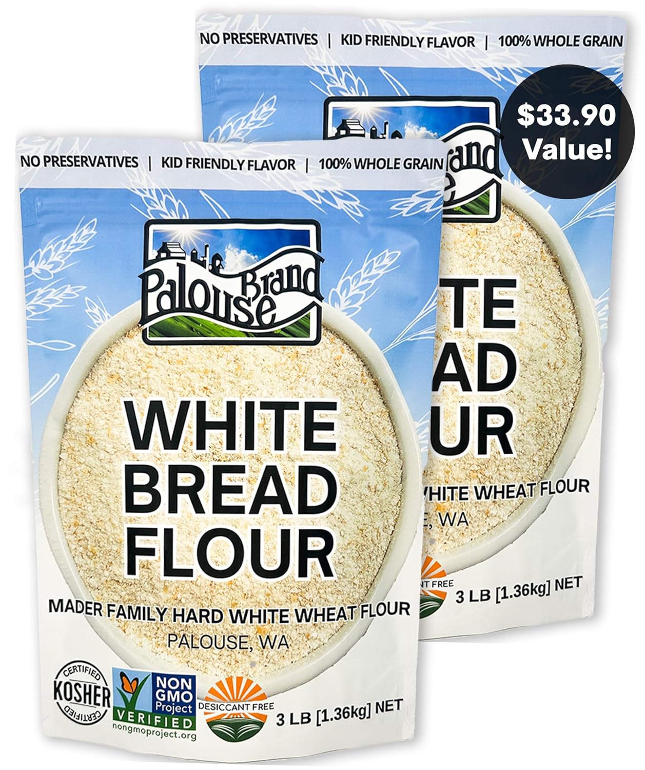 Palouse Brand Certified Glyphosate Residue Free Bread Flour | 3 LBS | Whole Grain | Stone Ground | Non-GMO | 100% Non-Irradiated | Kosher | USA Grown | Field Traced | Resealable Bag