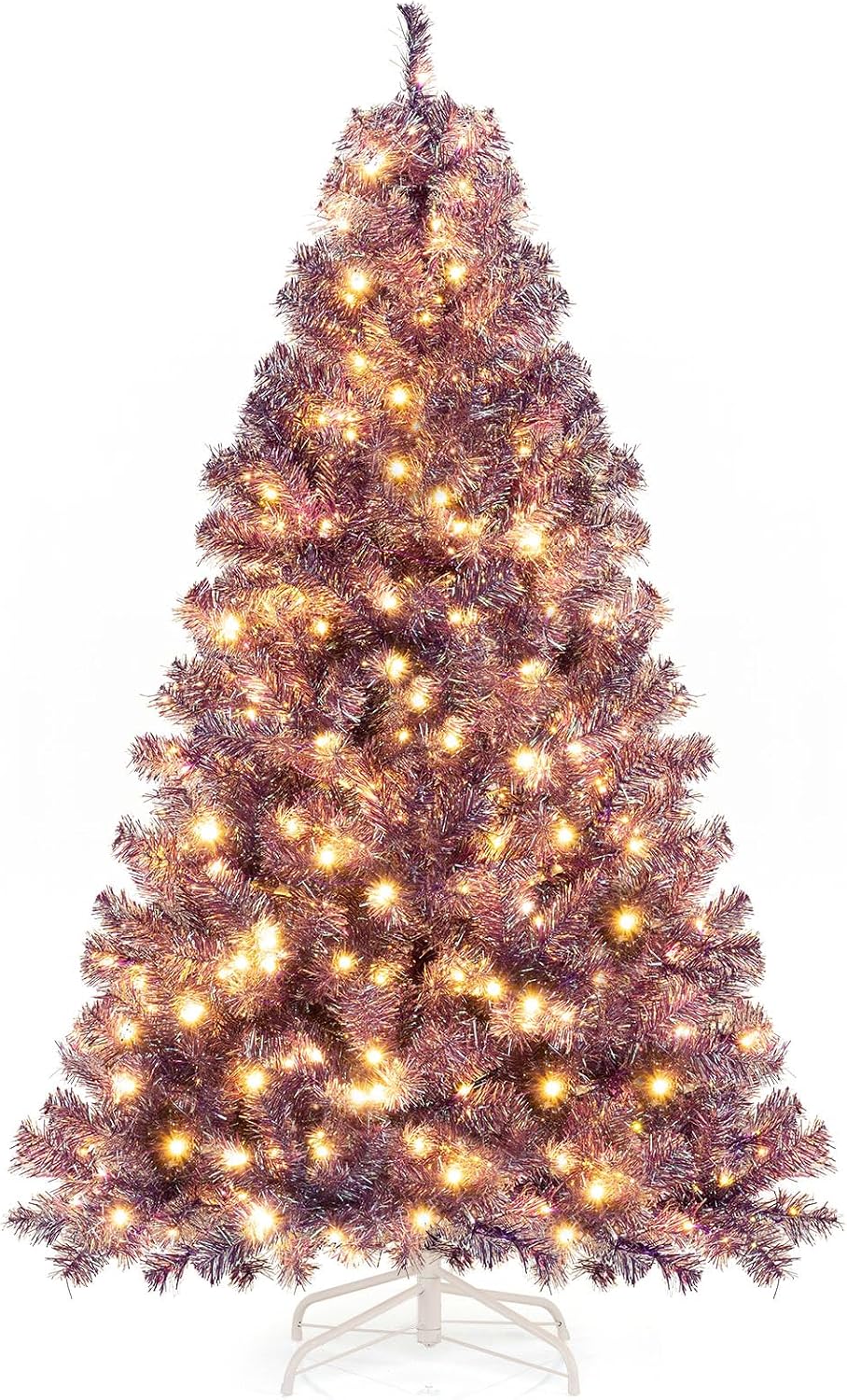 Goplus 7.5ft Pre-Lit Artificial Christmas Tree, Premium PVC Snow Flocked Hinged Pine Tree with Metal Stand and LED Lights