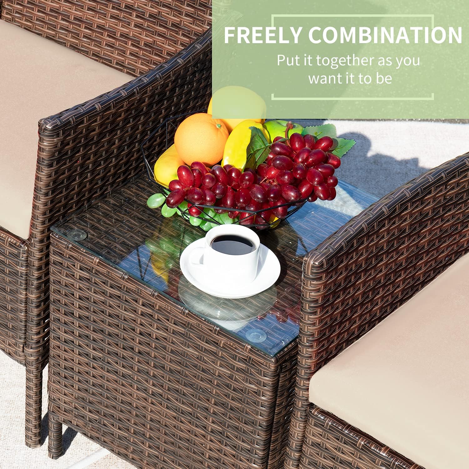 Greesum 3 Pieces Patio Furniture Sets Outdoor PE Wicker Chairs,Beige