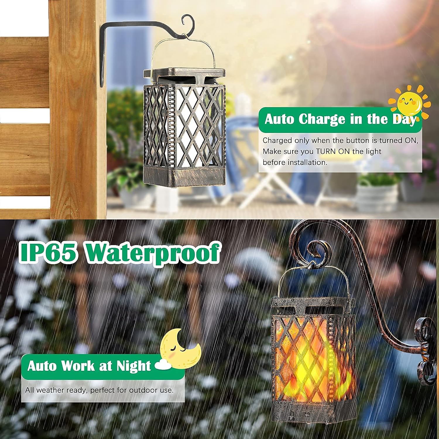 TomCare Solar Lanterns Outdoor, Flickering Flame Hanging Lights, 2 Pack