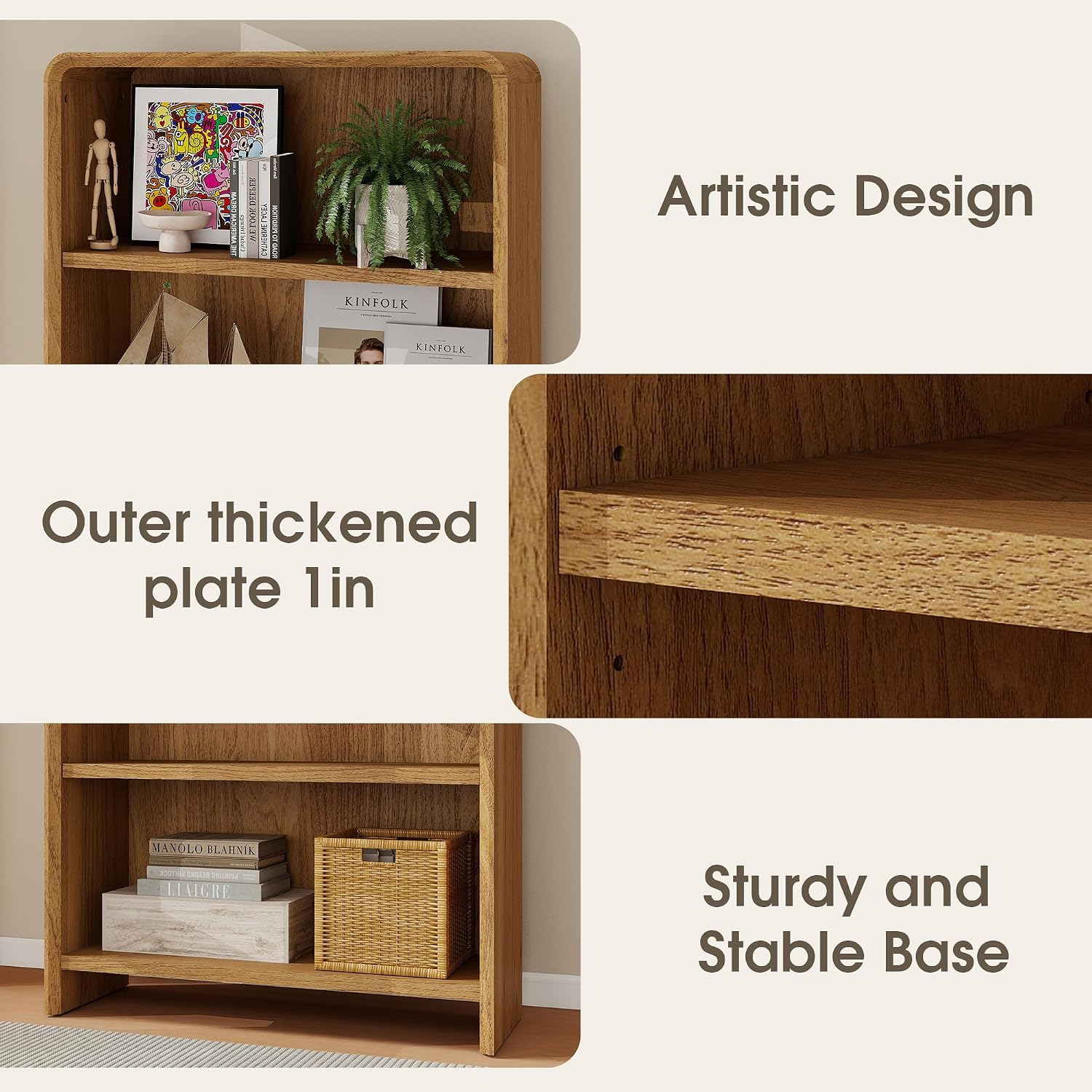 Bevfint 44" Bookcase Tall 3 Shelves Wood Bookshelf with Curved Soft Edges, Heavy Duty Storage Cabinet for Professional Home Office and Living Room, Modern Natural Oak Grain Finish