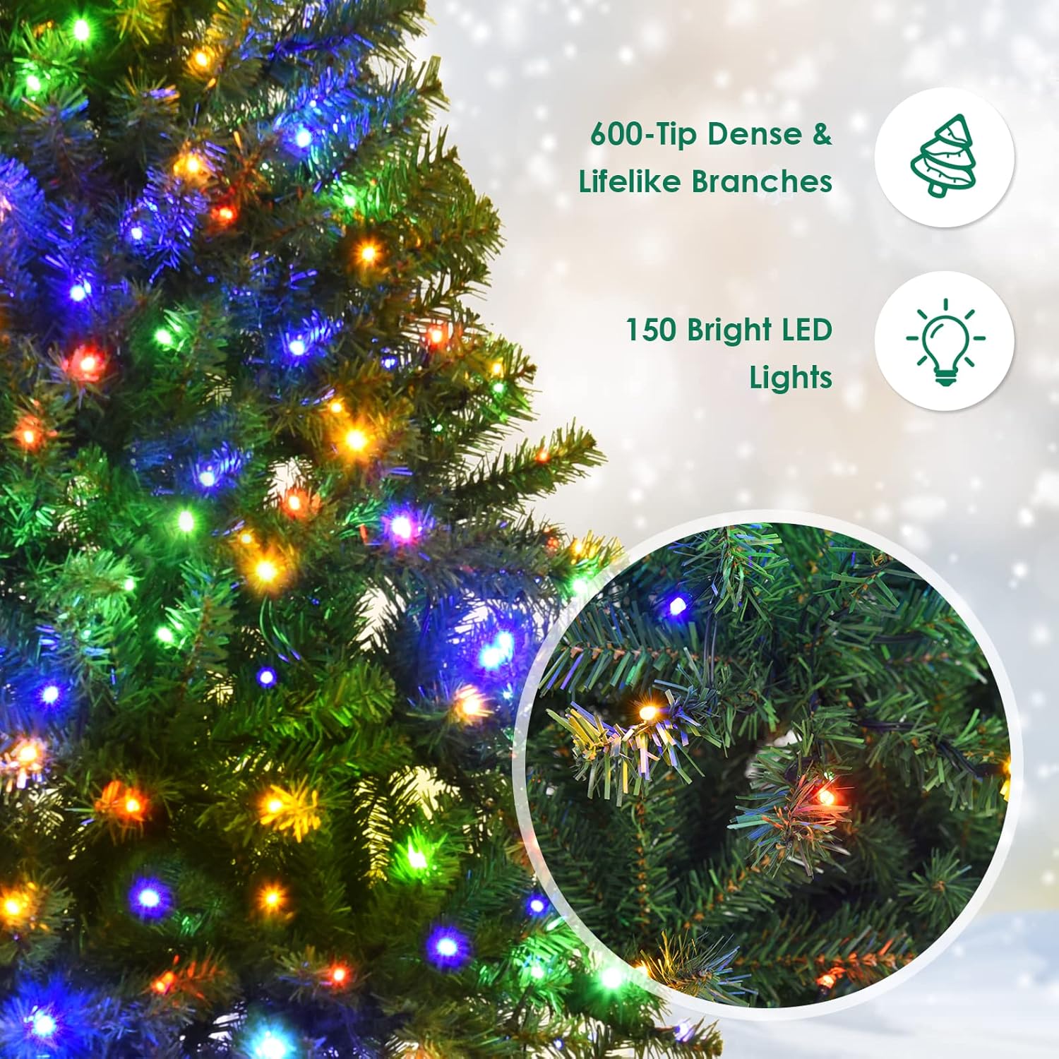 Goplus 7.5ft Pre-Lit Artificial Christmas Tree, Premium PVC Snow Flocked Hinged Pine Tree with Metal Stand and LED Lights