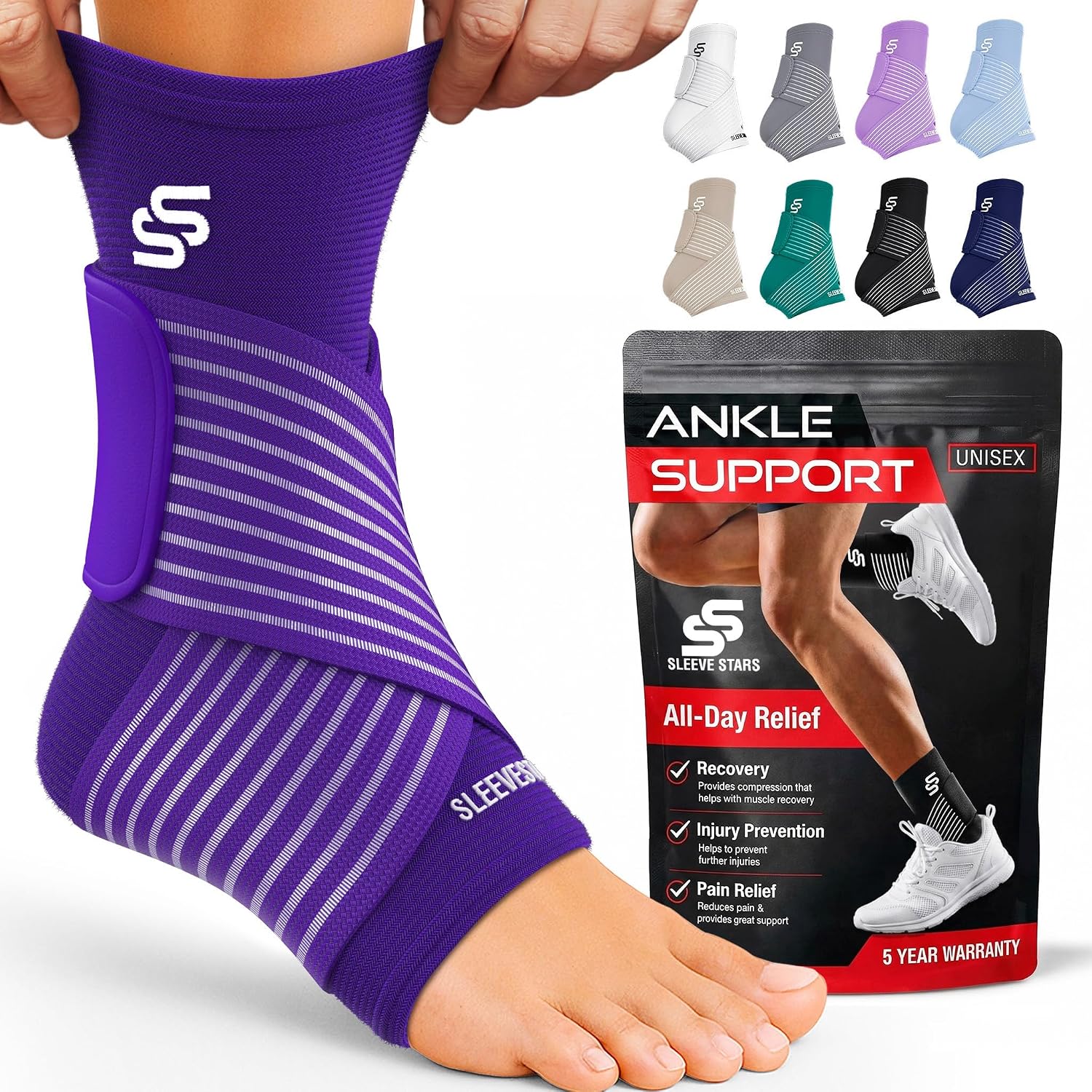 Sleeve Stars Ankle Brace for Women & Men, Ankle Wrap for Sprain, Compression Sleeve for Plantar Fasciitis Relief, Easy Customizable Support: w/ Removable Strap (Single/M:10"-12"/Black)