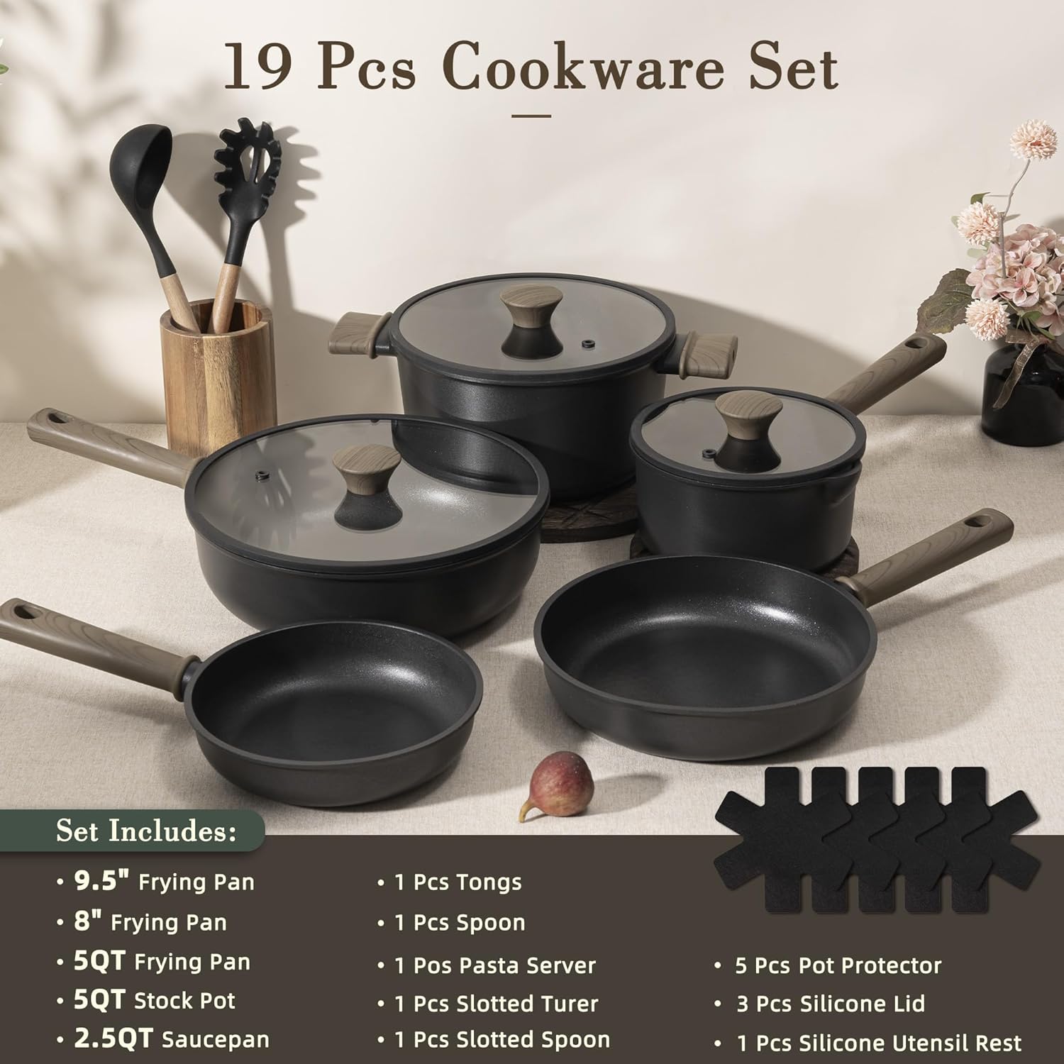 Astercook 19 Pcs Pots and Pans Set Non Stick, Black Titanium Induction Kitchen Cookware Sets