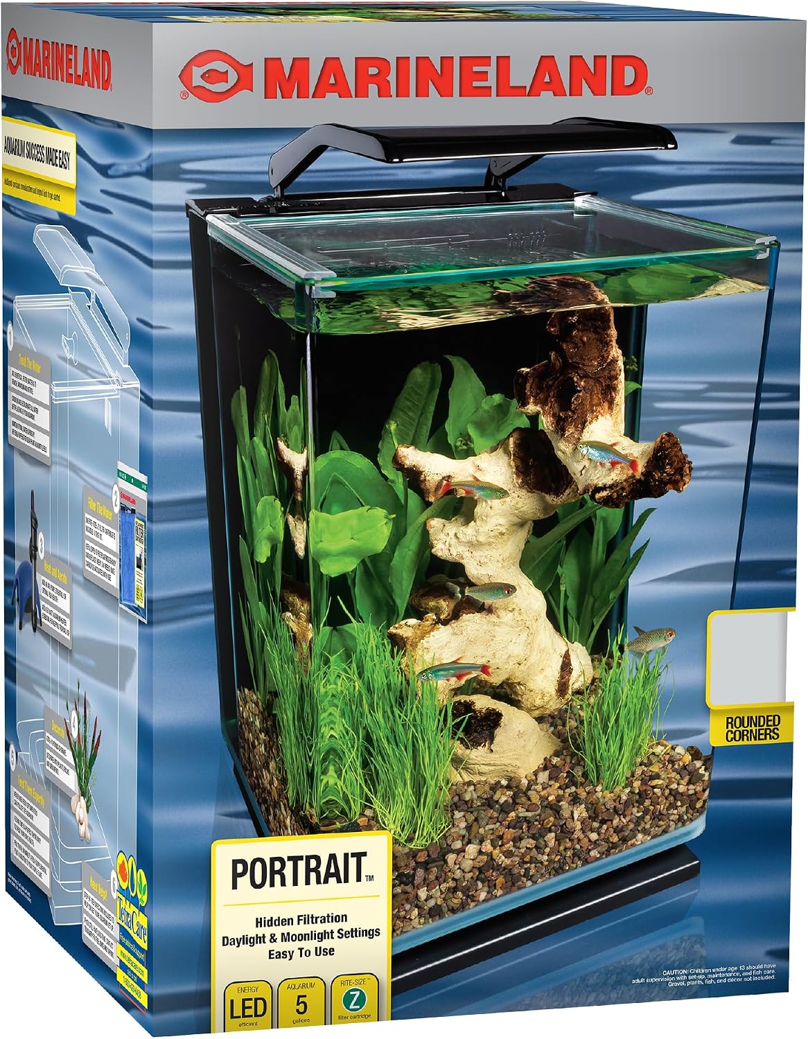 Marineland Portrait Glass LED Aquarium Kit, 5 Gallons, Hidden Filtration,Black