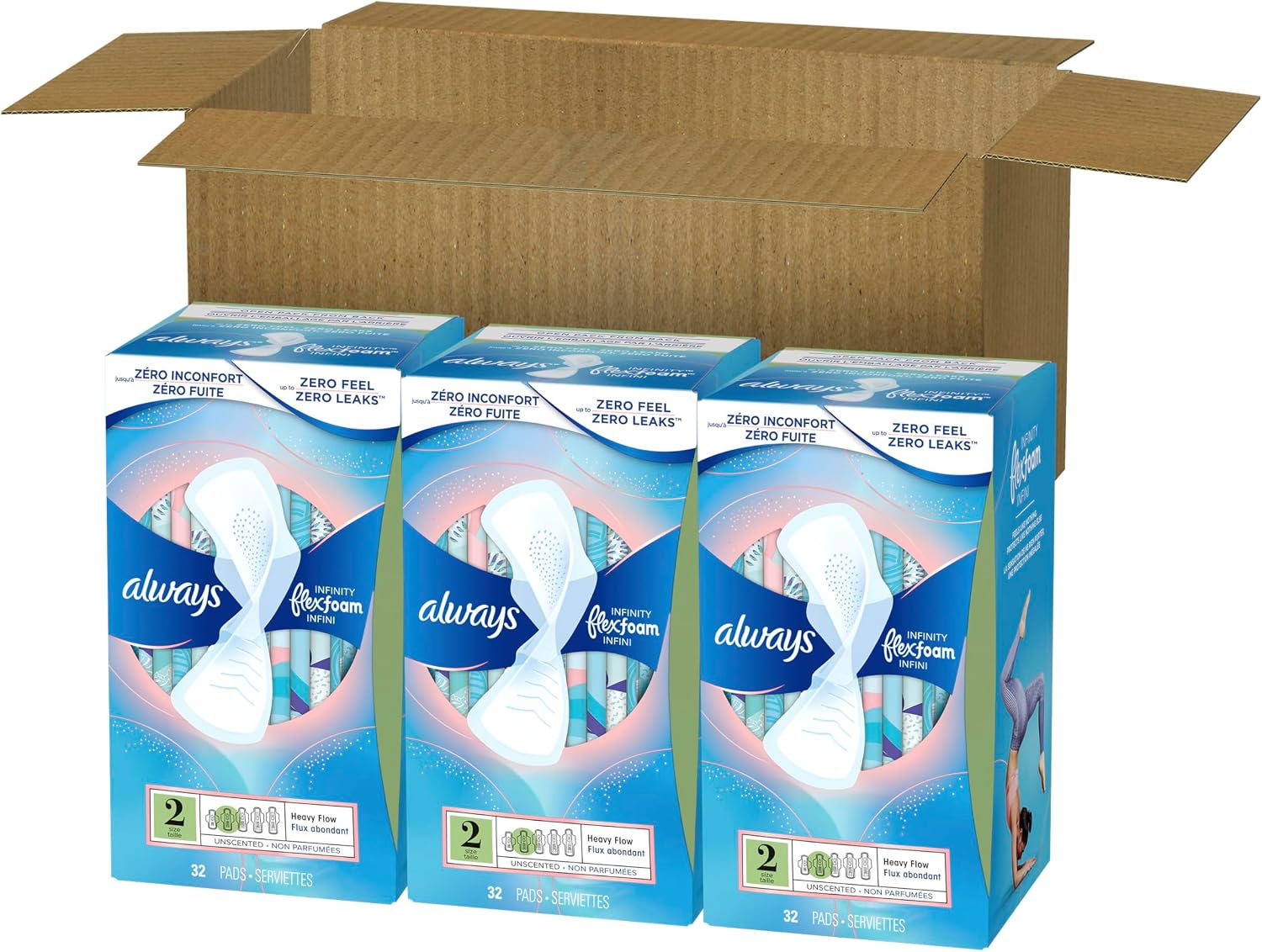 Always Infinity Feminine Pads for Women, Size 2 Heavy Flow Absorbency,with Flexfoam, with Wings, Unscented, 32 Count