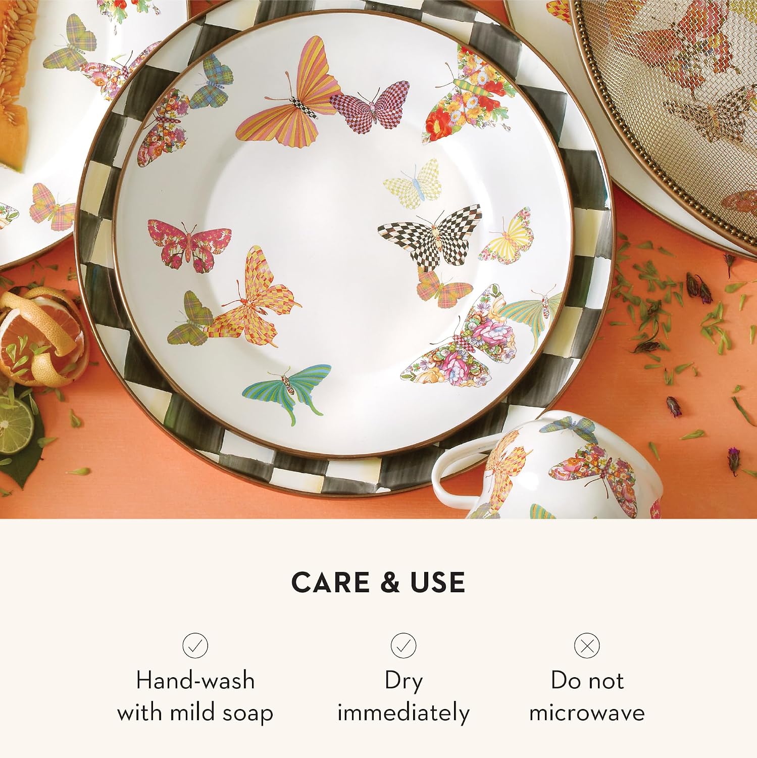 MACKENZIE-CHILDS Enamel Dinner Plate, Butterfly Garden | Hand-applied design, decorative dinnerware plate made from enameled steel, 10" dia.