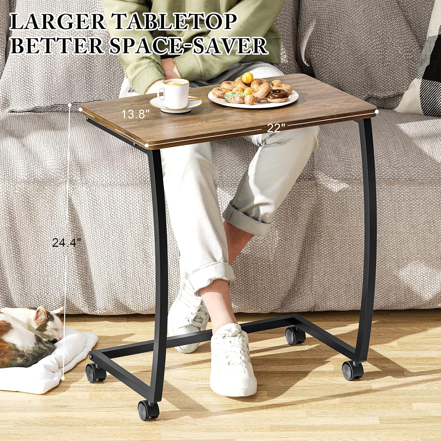 SRIWATANA Walnut C Shaped Side Table, Vintage End Table for Sofa Couch Bed